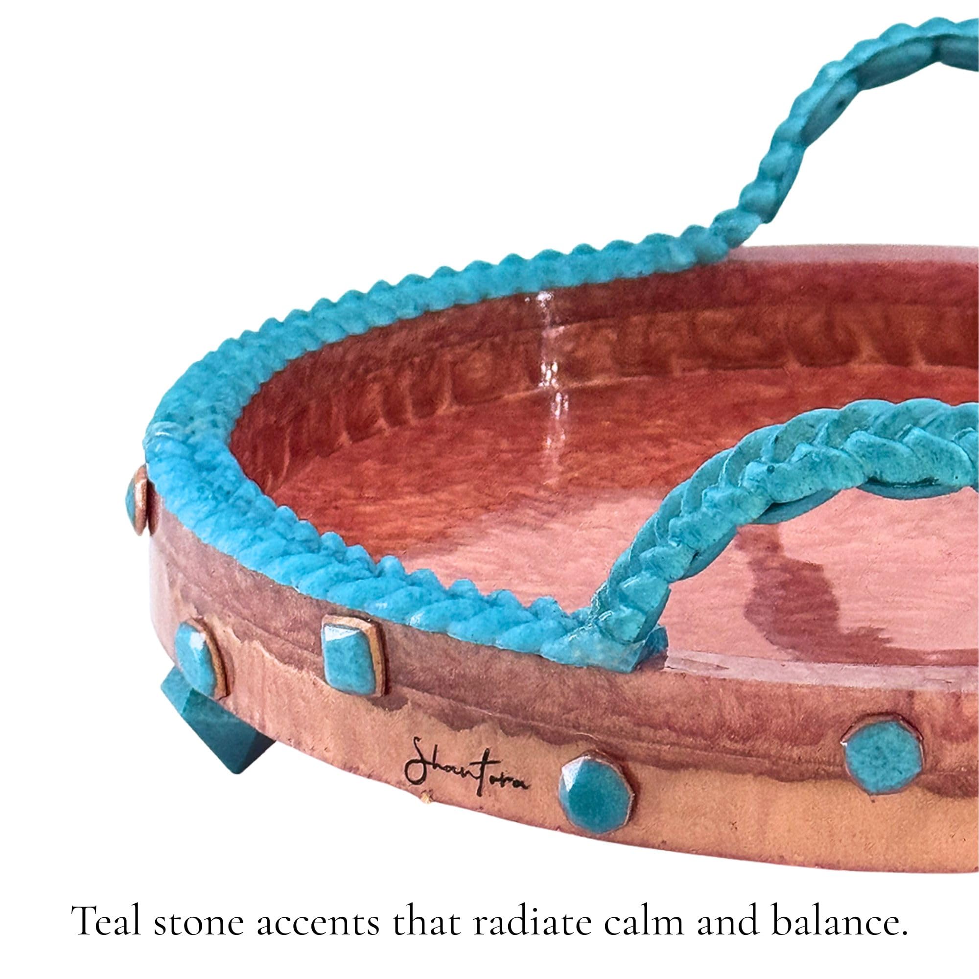 Shantora Round Serving Tray with Stone Accents - Rose Gold with Teal Stone
