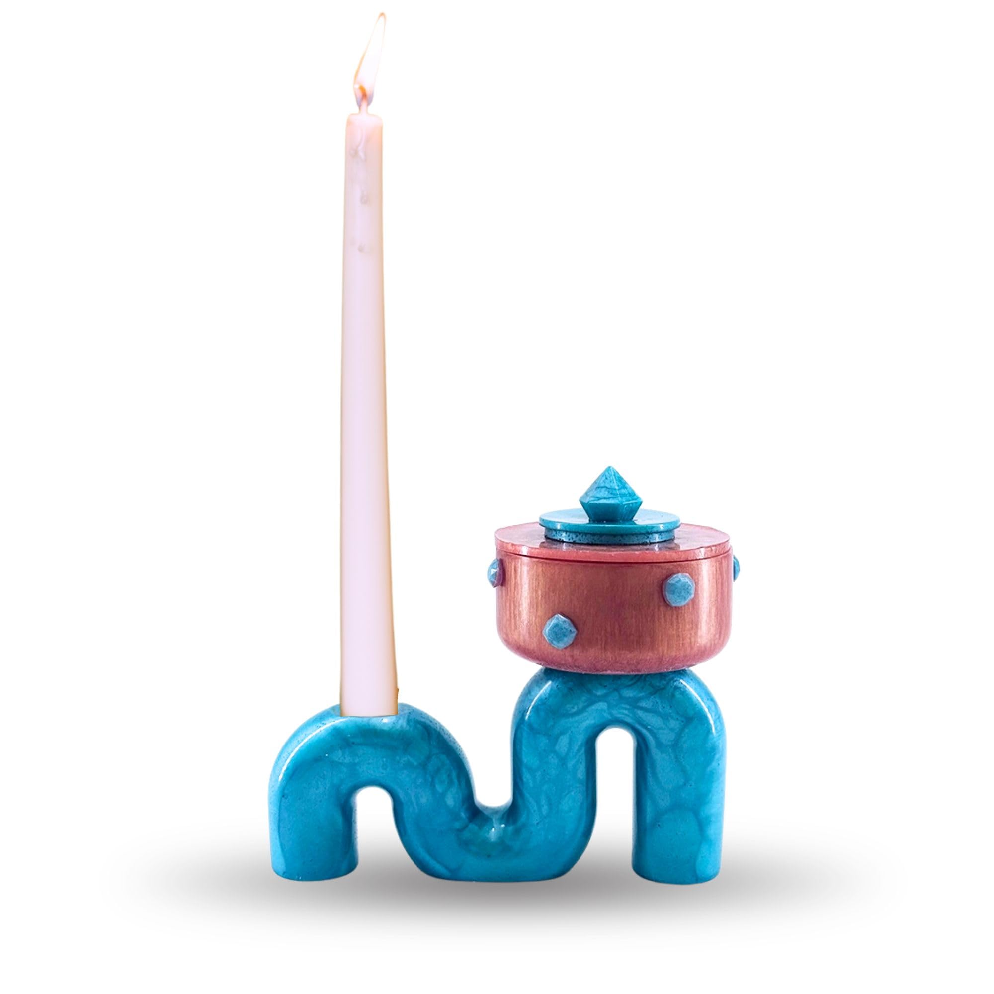 Pedestal Bowl & Candle Holder Combo with Stone Accents - Rose Gold with Teal Stone