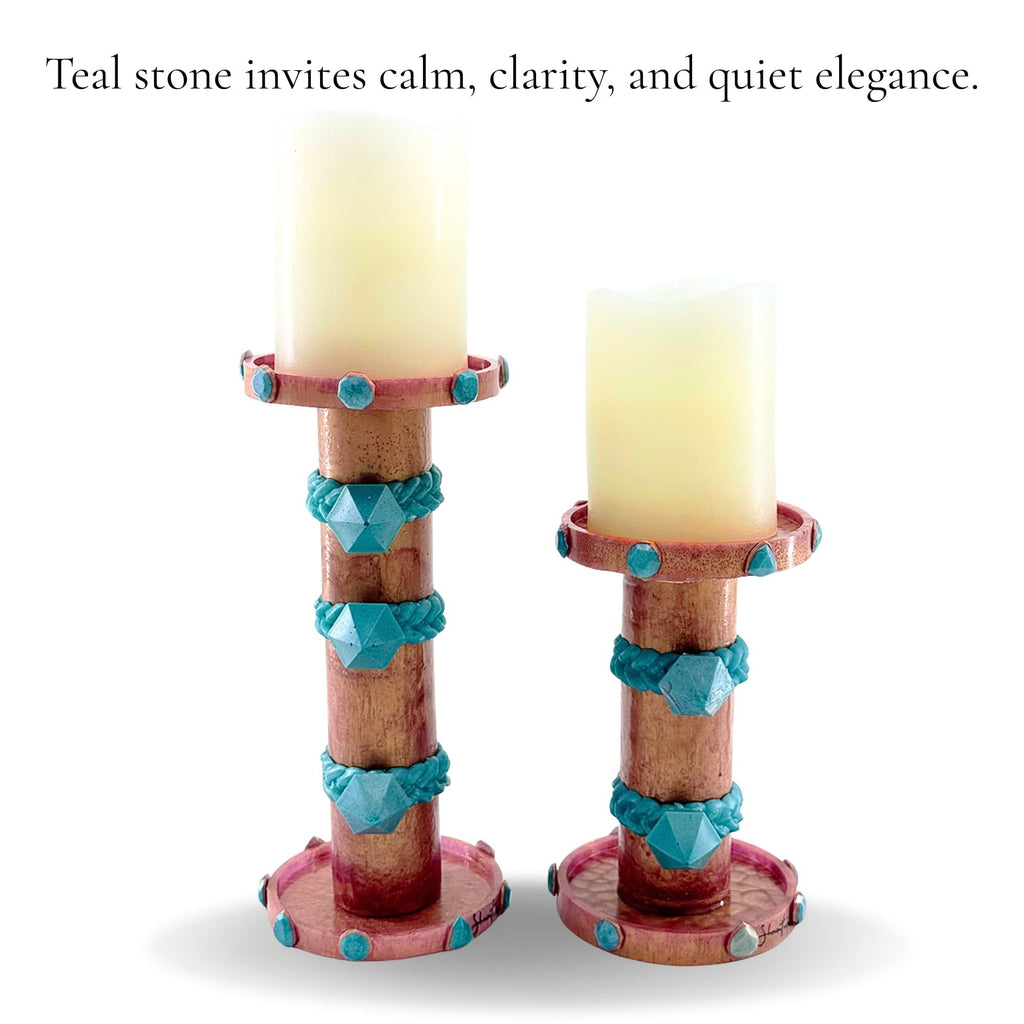 Pillar Candle Holder Set with Stone Accents - Rose Gold with Teal Stone