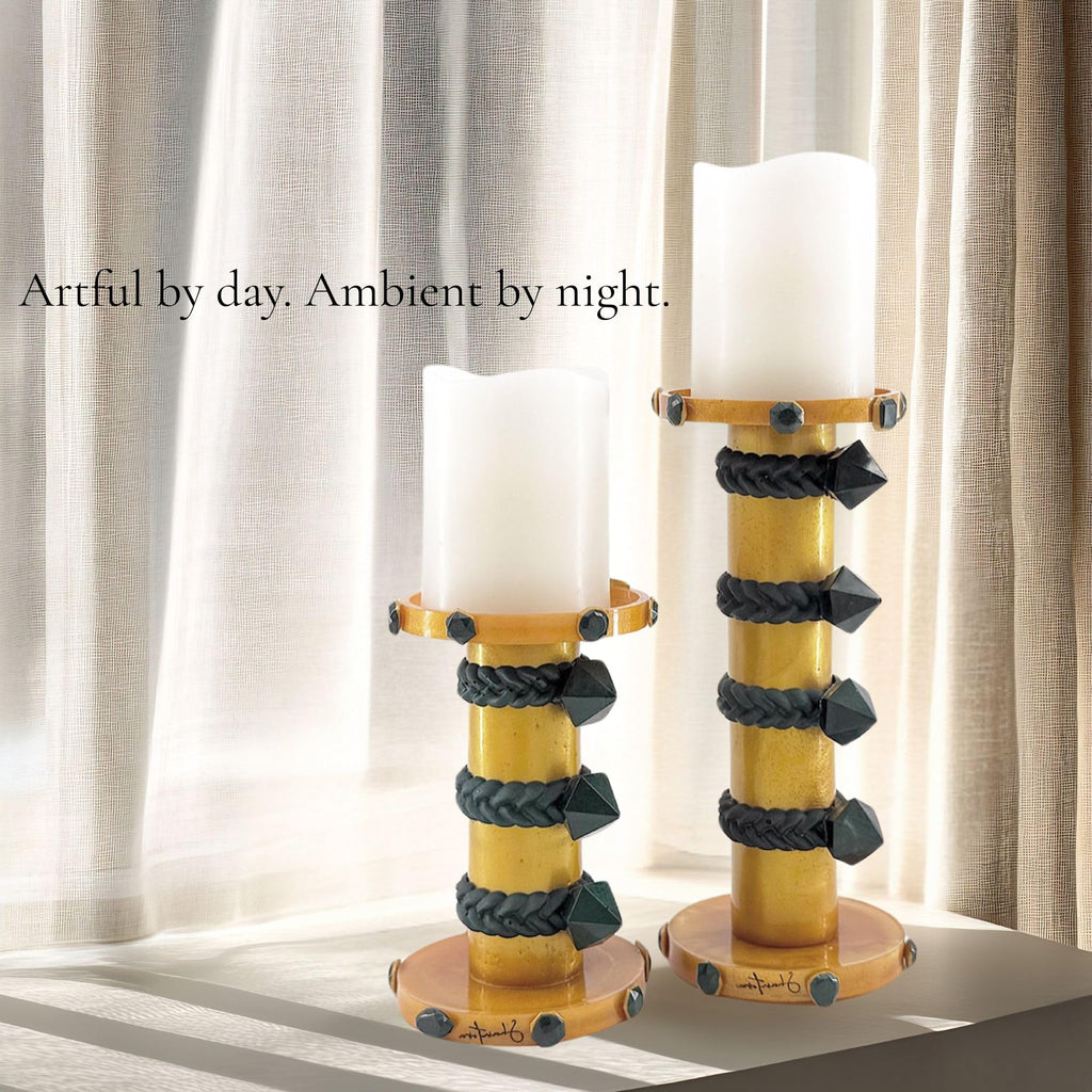Pillar Candle Holder Set with Stone Accents - Gold with Green Stone