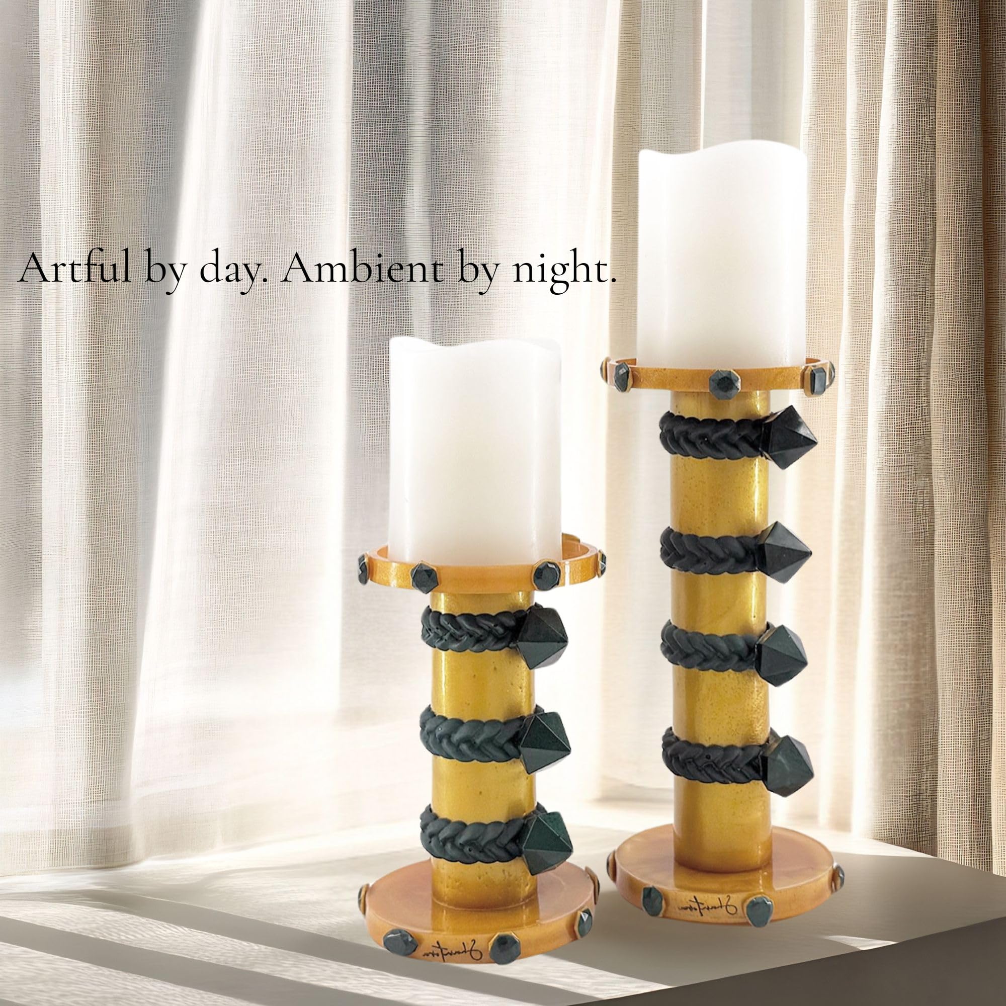 Pillar Candle Holder Set with Stone Accents - Gold with Green Stone