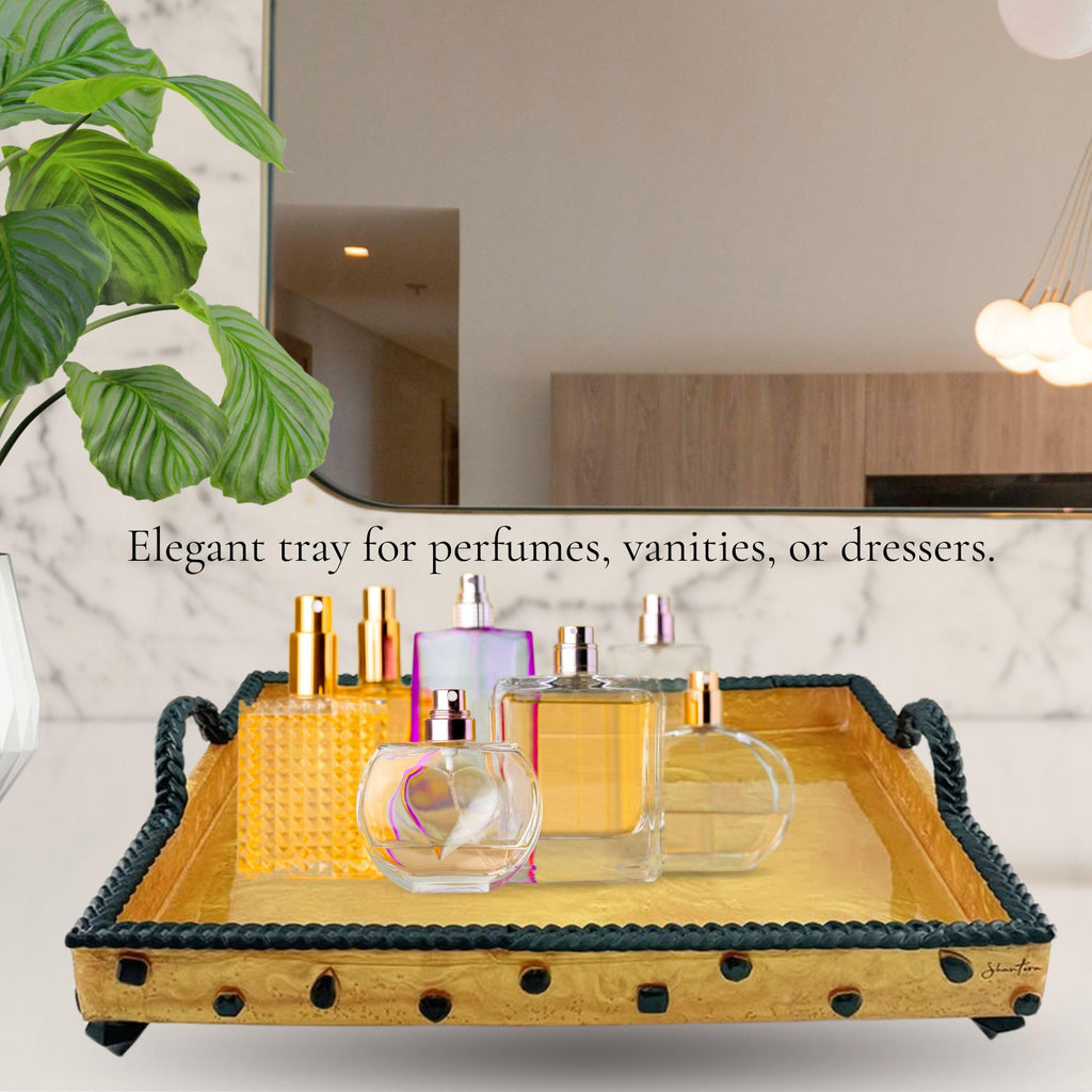 Serving Rectangular Tray with Stone Accents - Green with Gold Stone