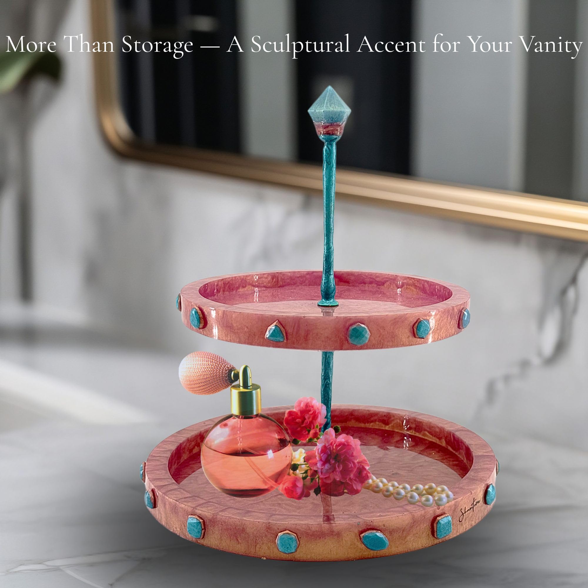 Two-Tiered Stand with Stone Accents - Rose Gold with Teal Stone