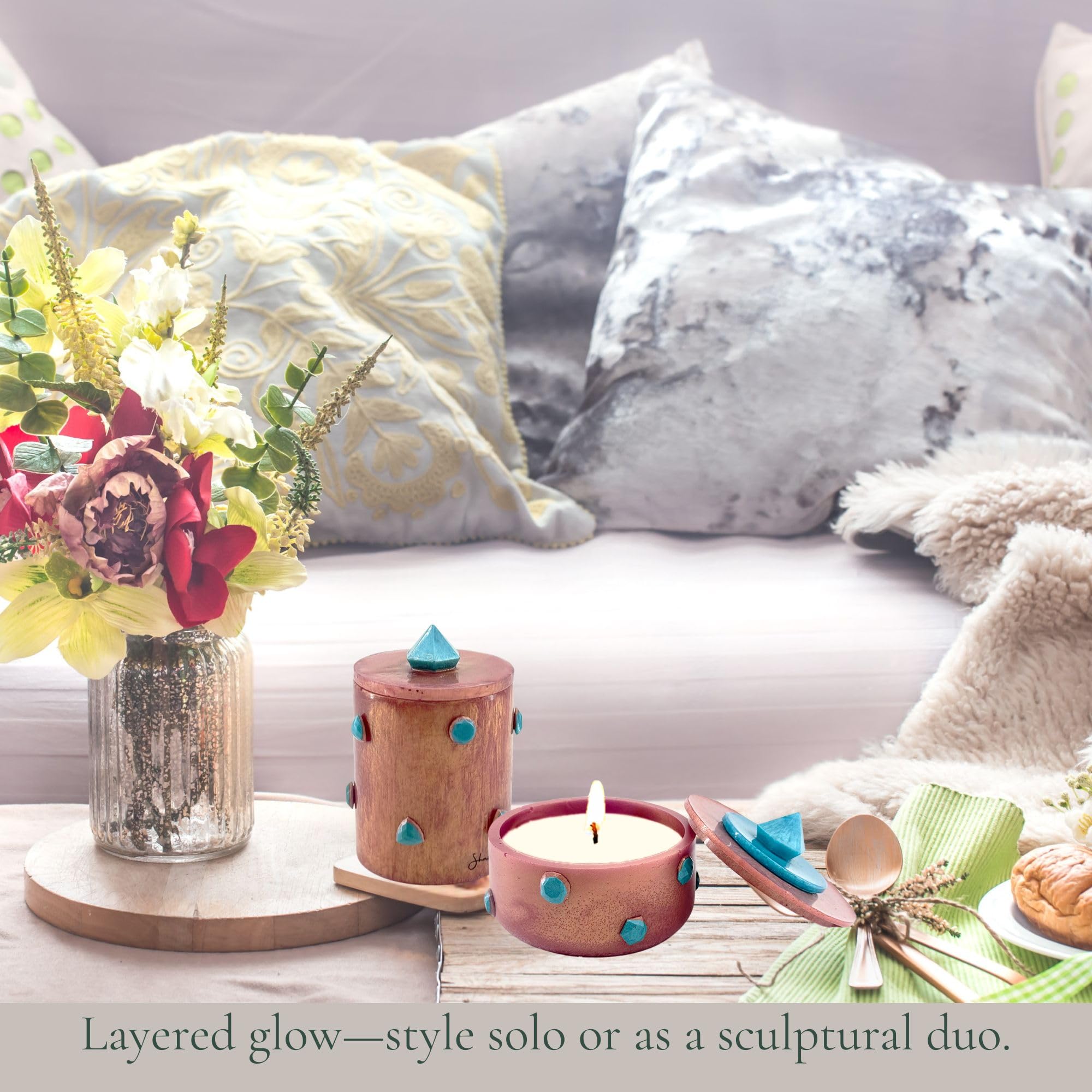 Tall Lidded Candle Jar with Stone Accents - Rose Gold with Teal Stone