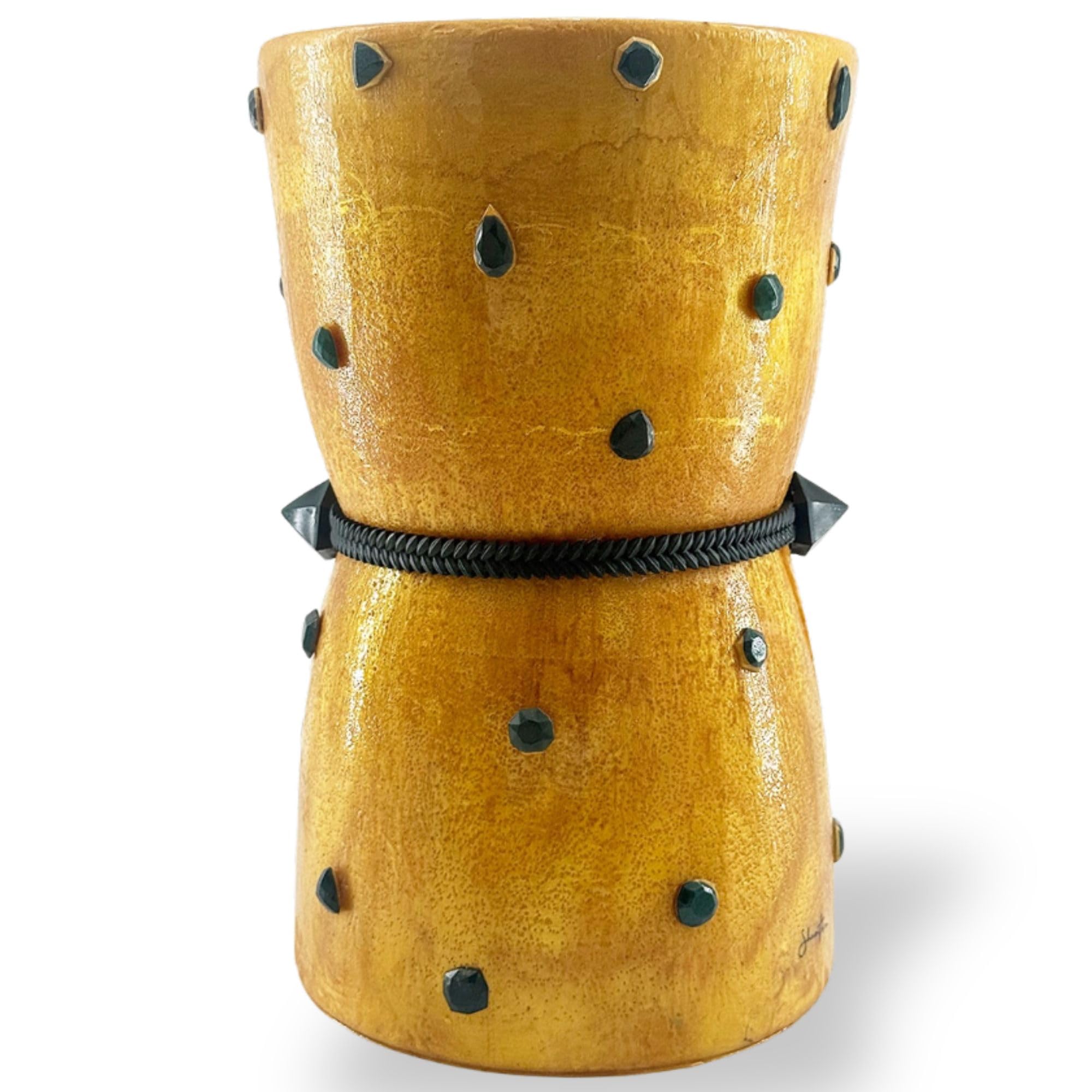 Shantora Hourglass Vase with Stone Accents - Gold with Green Stone