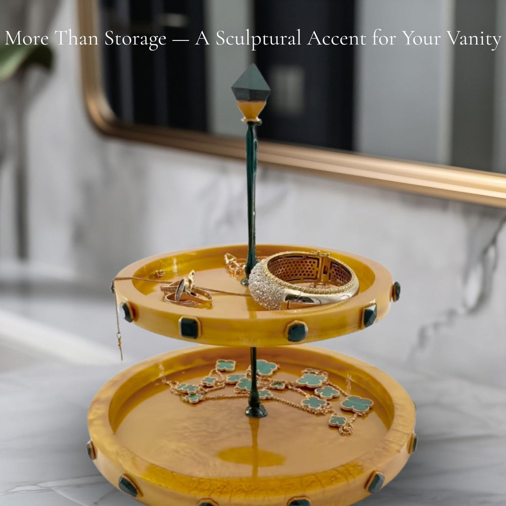 Two-Tiered Stand with Stone Accents - Gold with Green Stone