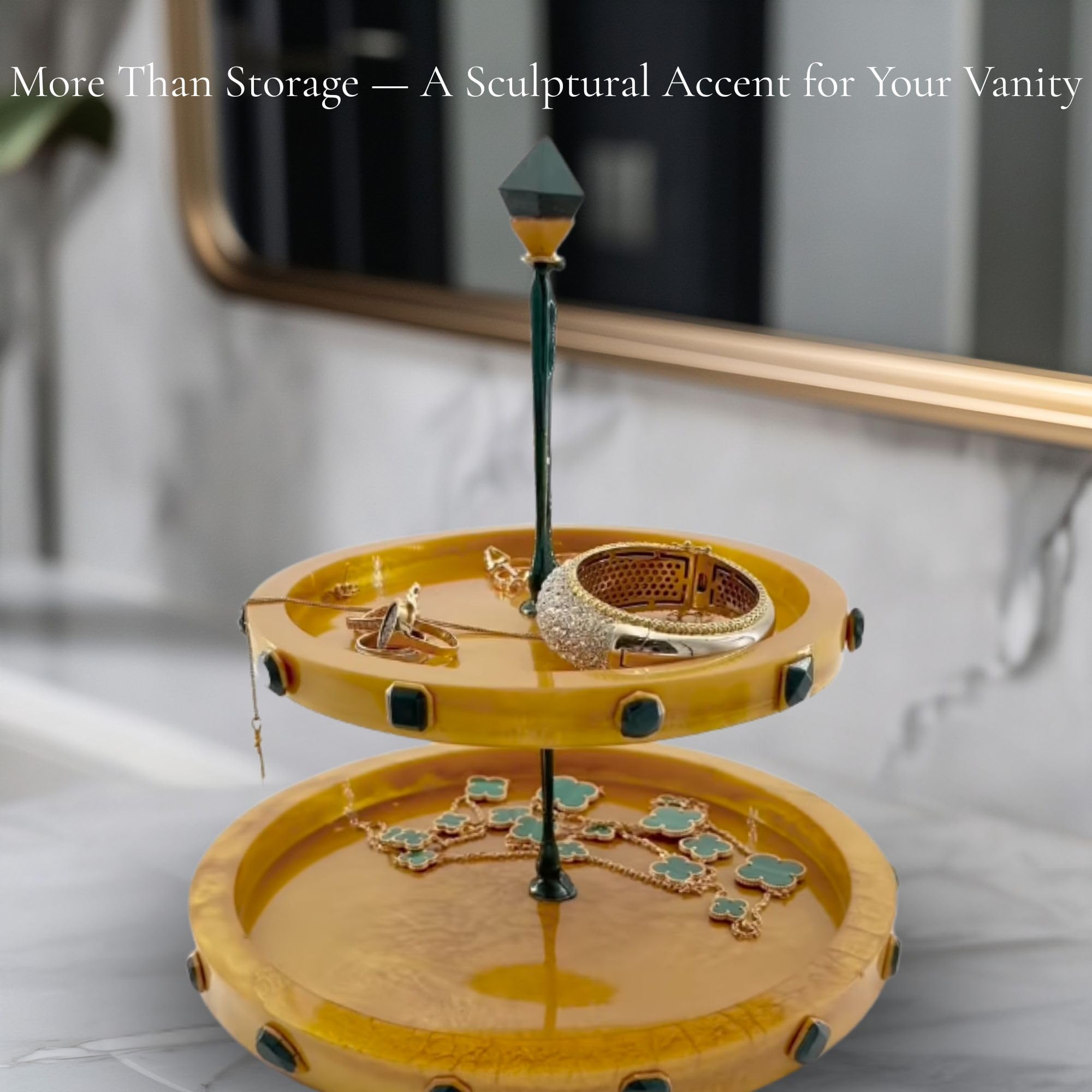 Two-Tiered Stand with Stone Accents - Gold with Green Stone