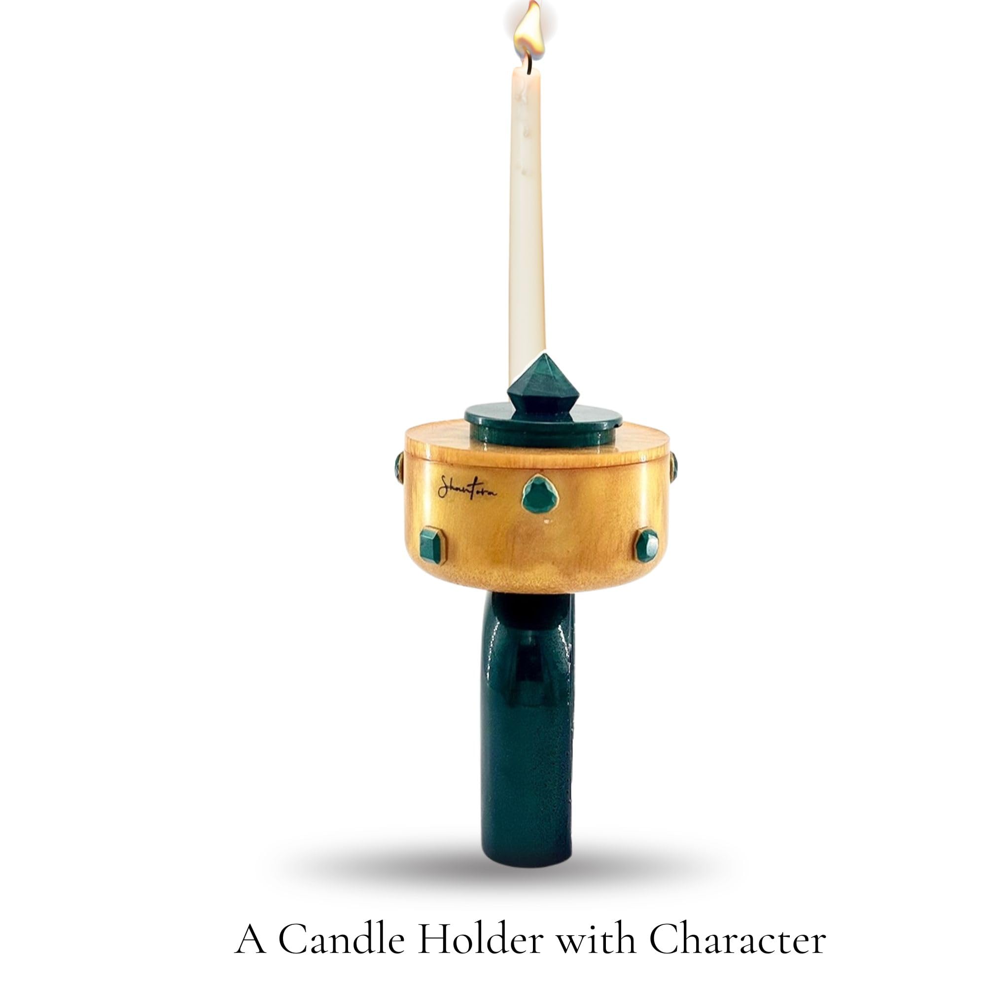 Pedestal Bowl & Candle Holder Combo with Stone Accents - Gold with Green Stone