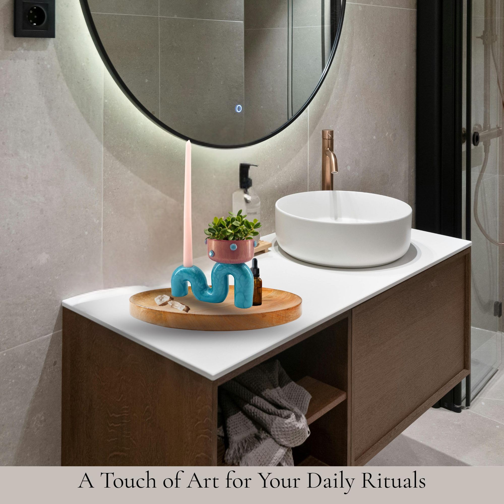 Pedestal Bowl & Candle Holder Combo with Stone Accents - Rose Gold with Teal Stone