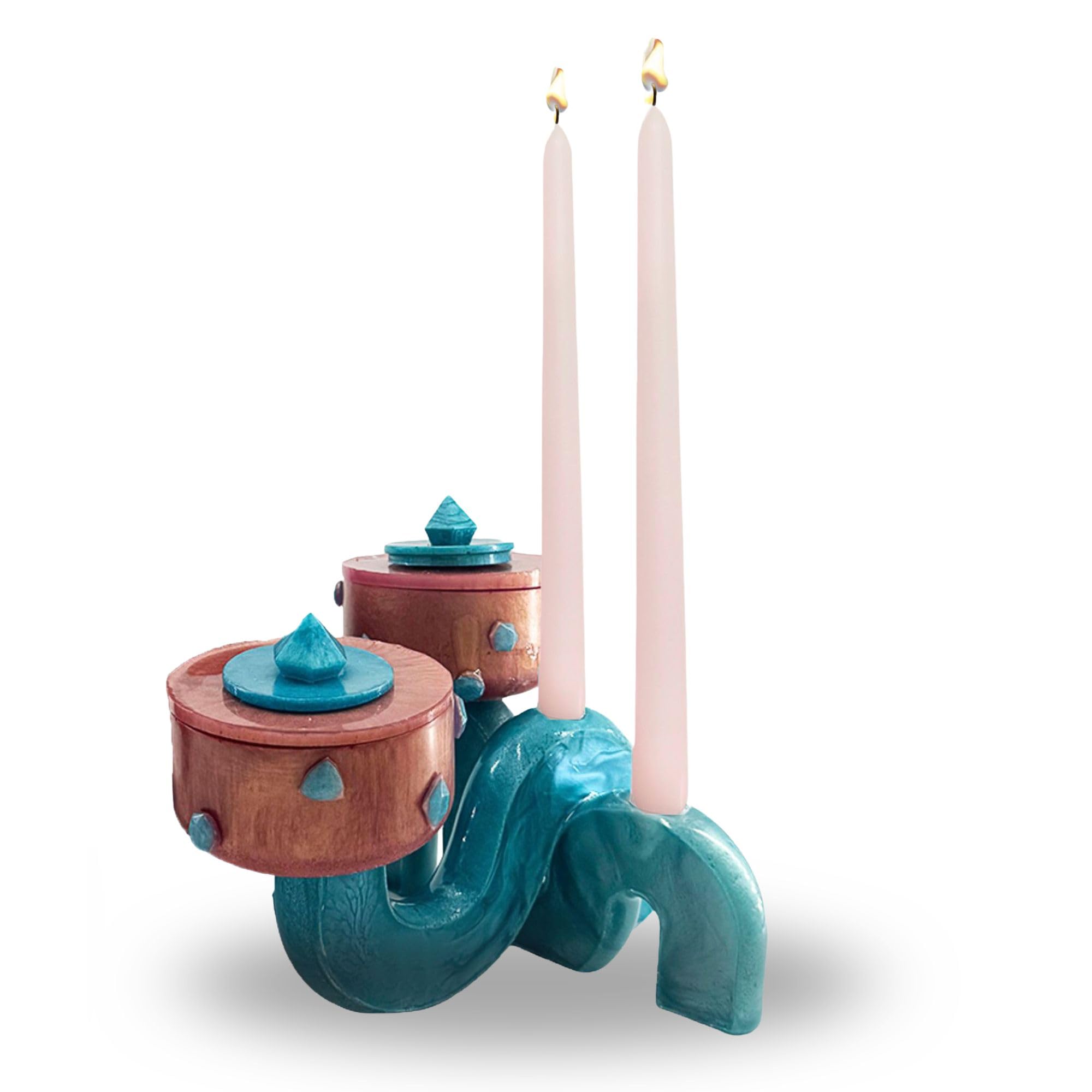Pedestal Bowl & Candle Holder Combo with Stone Accents - Rose Gold with Teal Stone (Set of two)