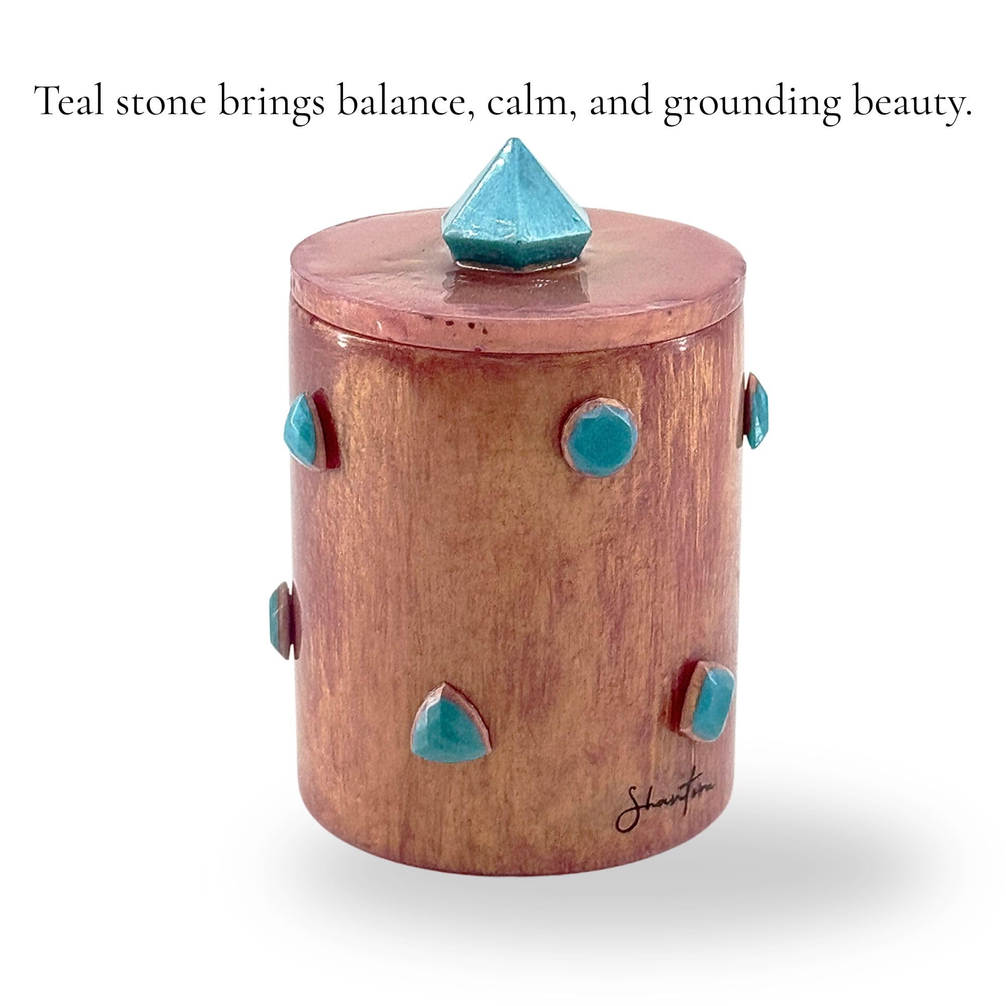 Tall Lidded Candle Jar with Stone Accents - Rose Gold with Teal Stone