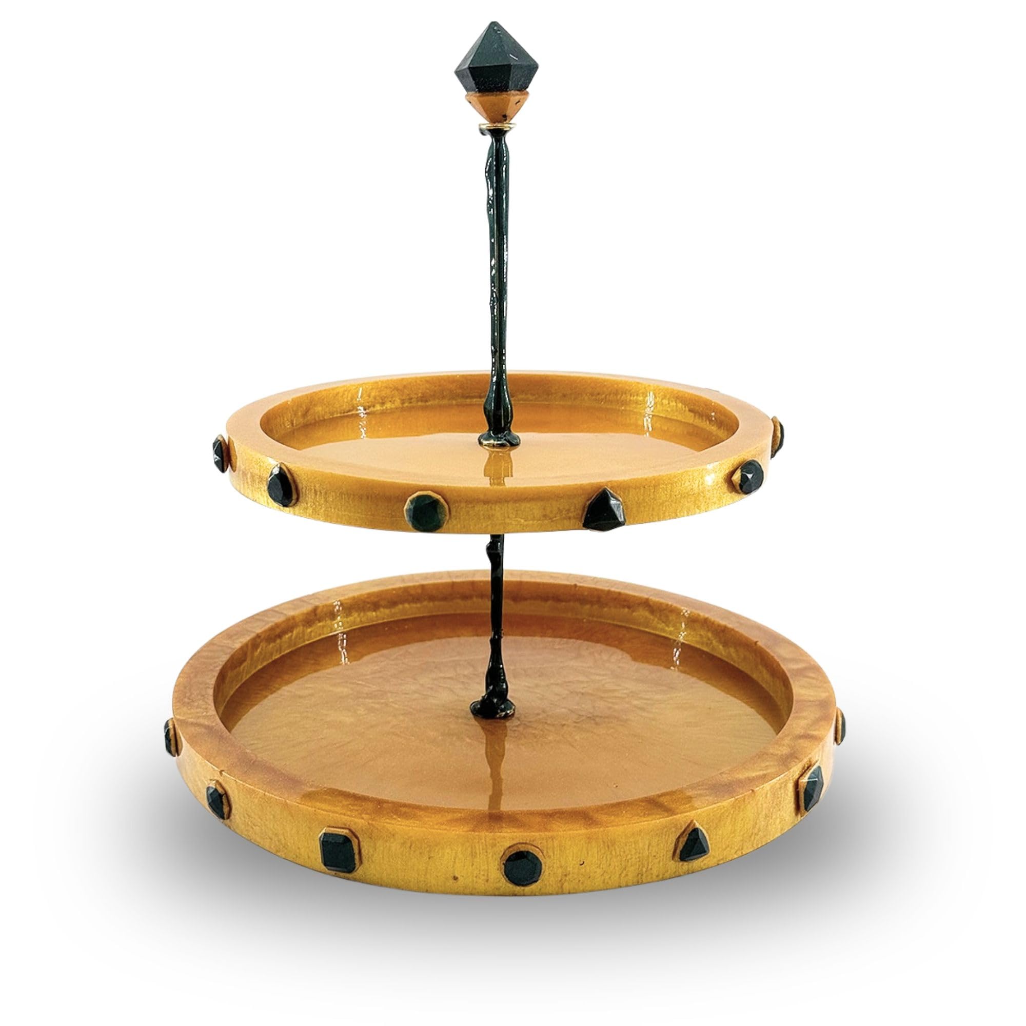 Two-Tiered Stand with Stone Accents - Gold with Green Stone