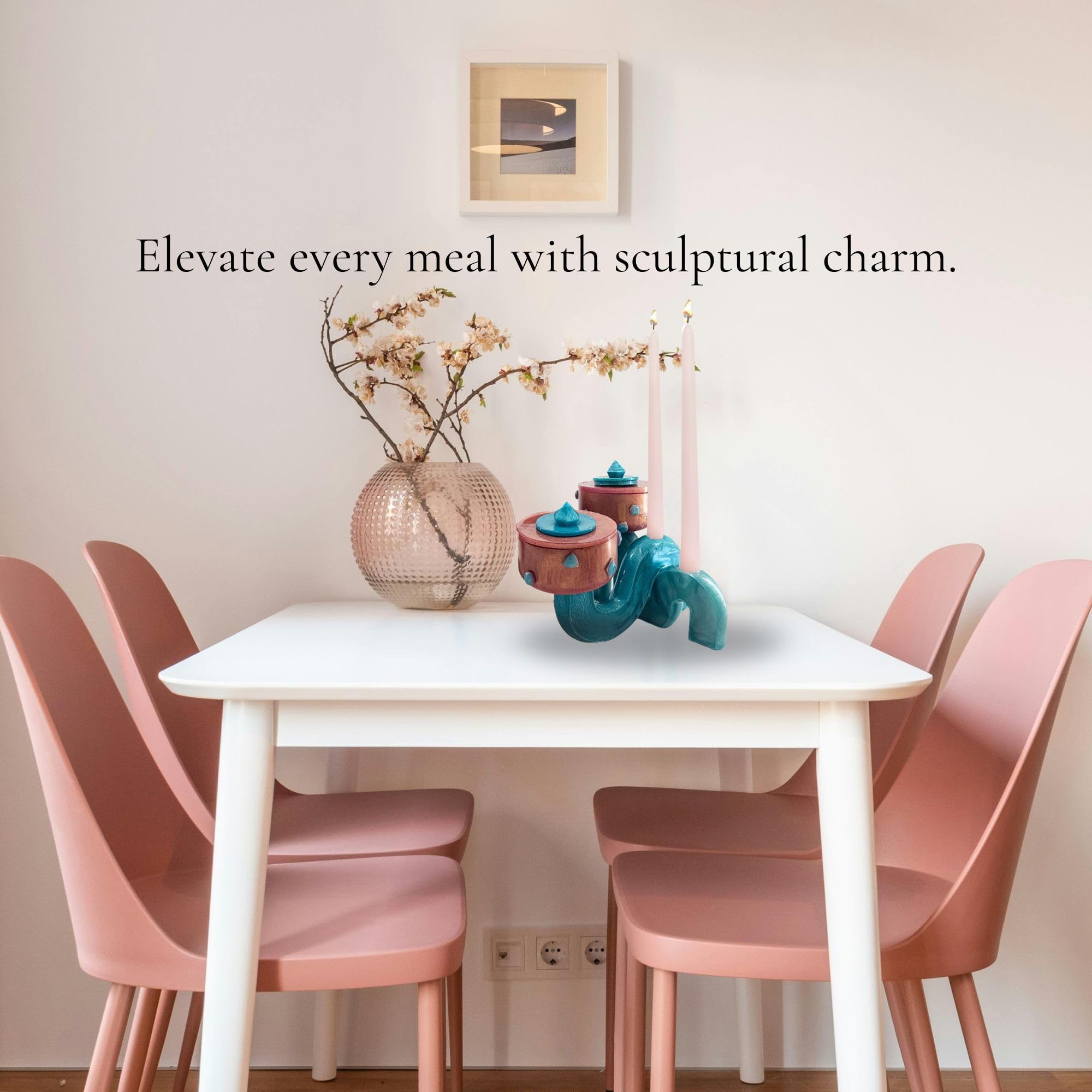 Pedestal Bowl & Candle Holder Combo with Stone Accents - Rose Gold with Teal Stone (Set of two)