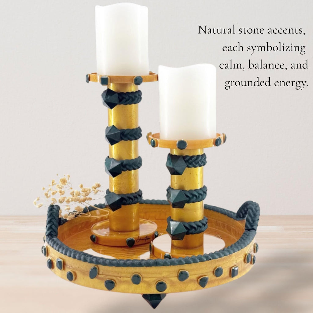 Pillar Candle Holder Set with Stone Accents - Gold with Green Stone