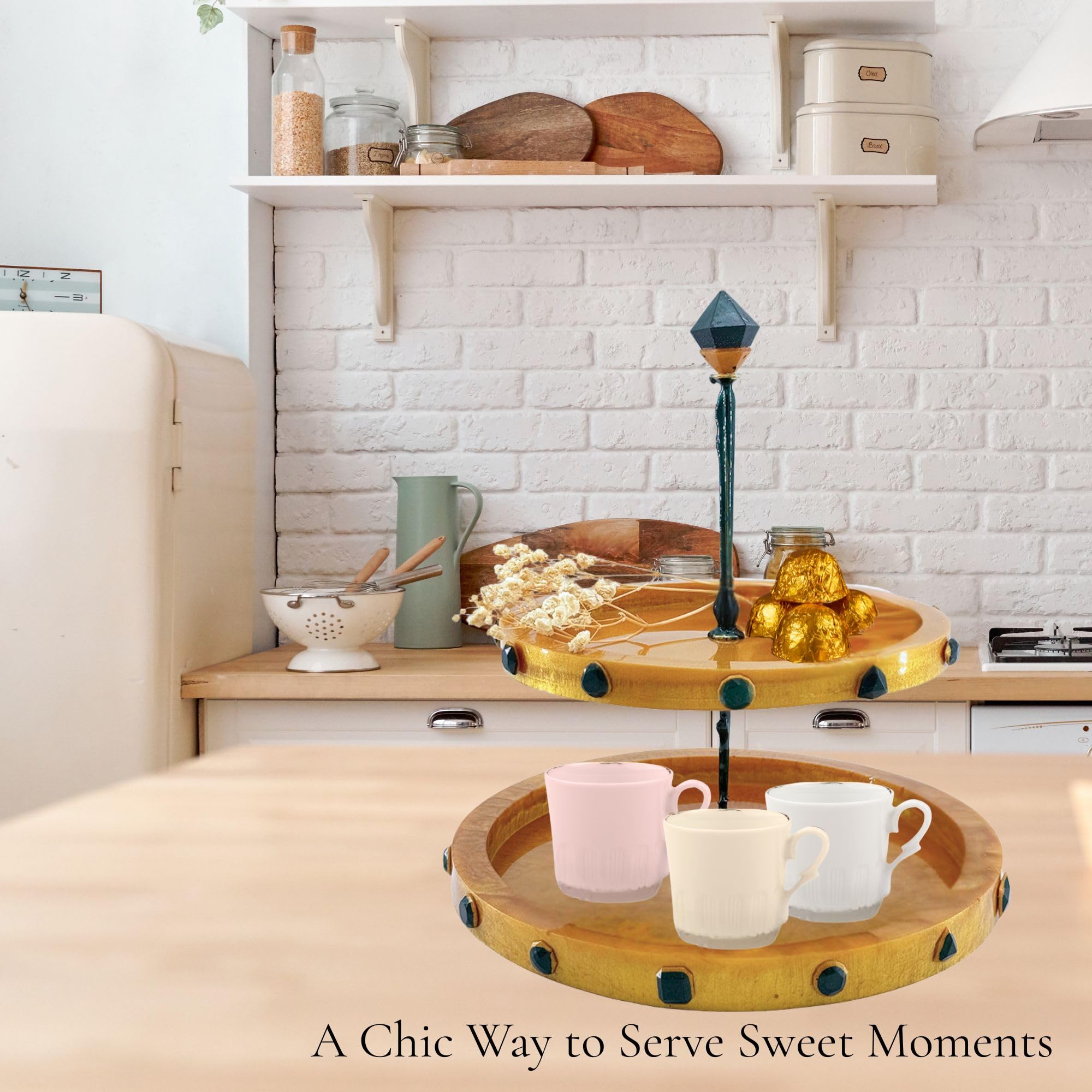 Two-Tiered Stand with Stone Accents - Gold with Green Stone