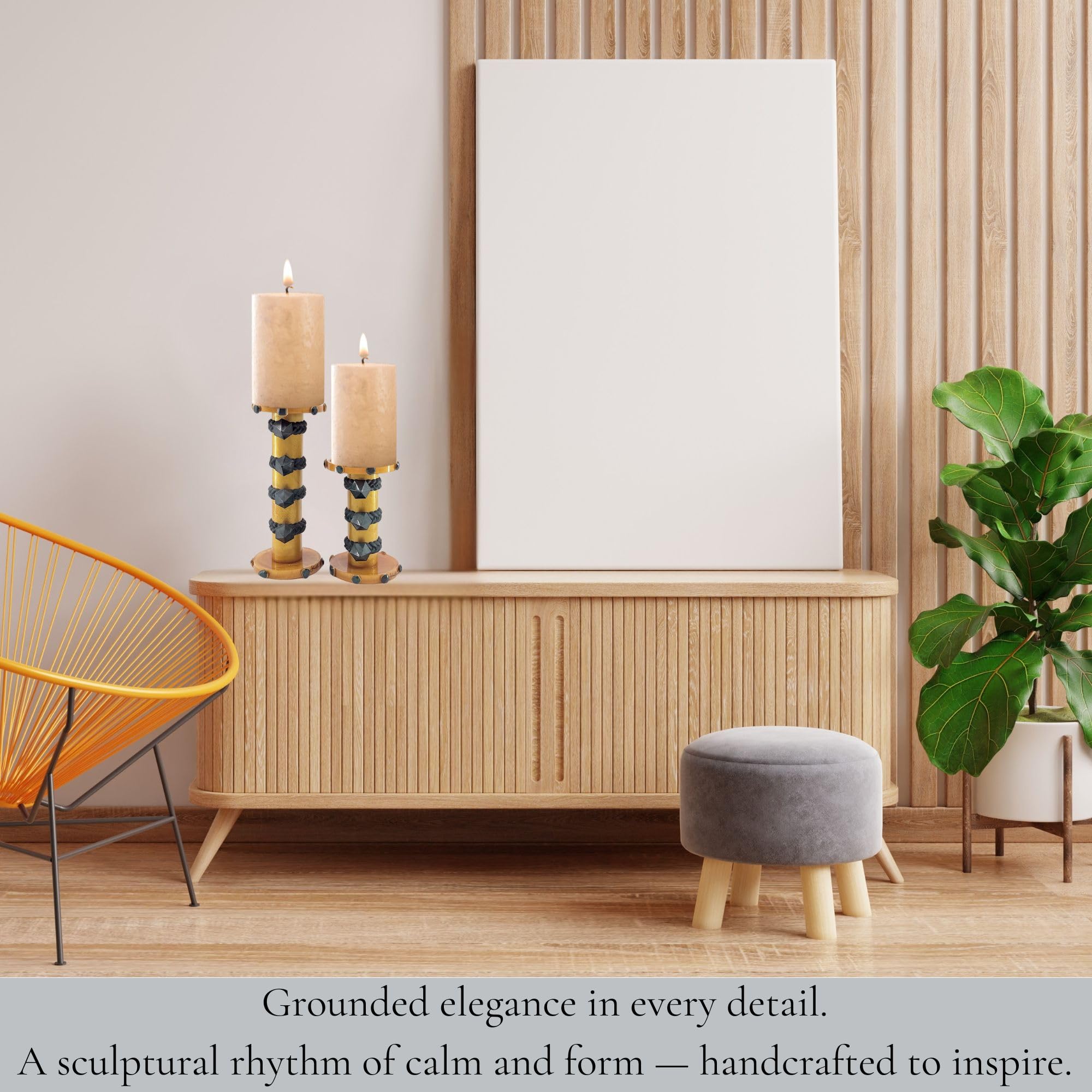 Pillar Candle Holder Set with Stone Accents - Gold with Green Stone