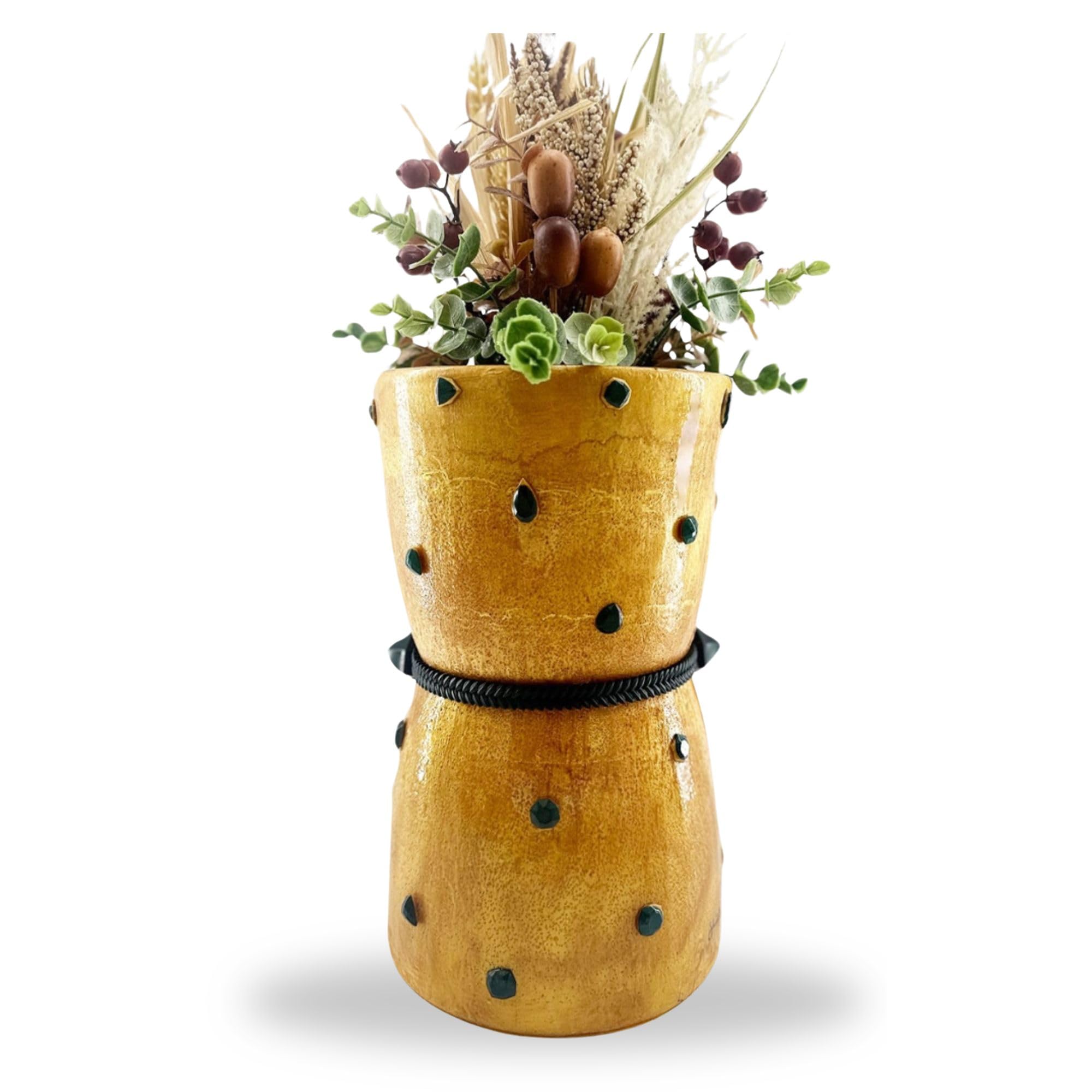 Shantora Hourglass Vase with Stone Accents - Gold with Green Stone