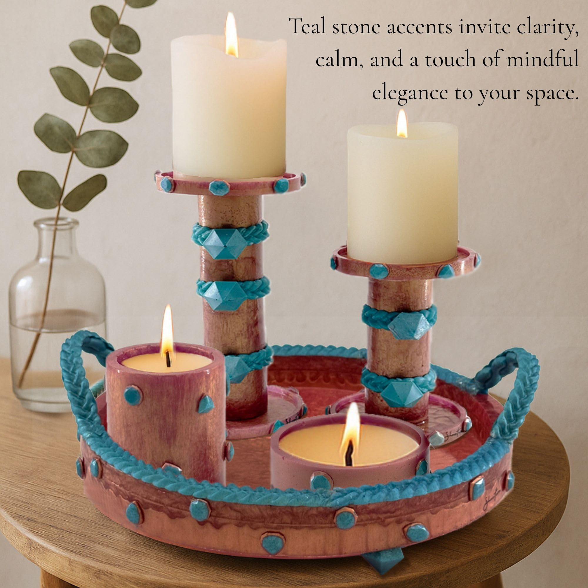 Pillar Candle Holder Set with Stone Accents - Rose Gold with Teal Stone