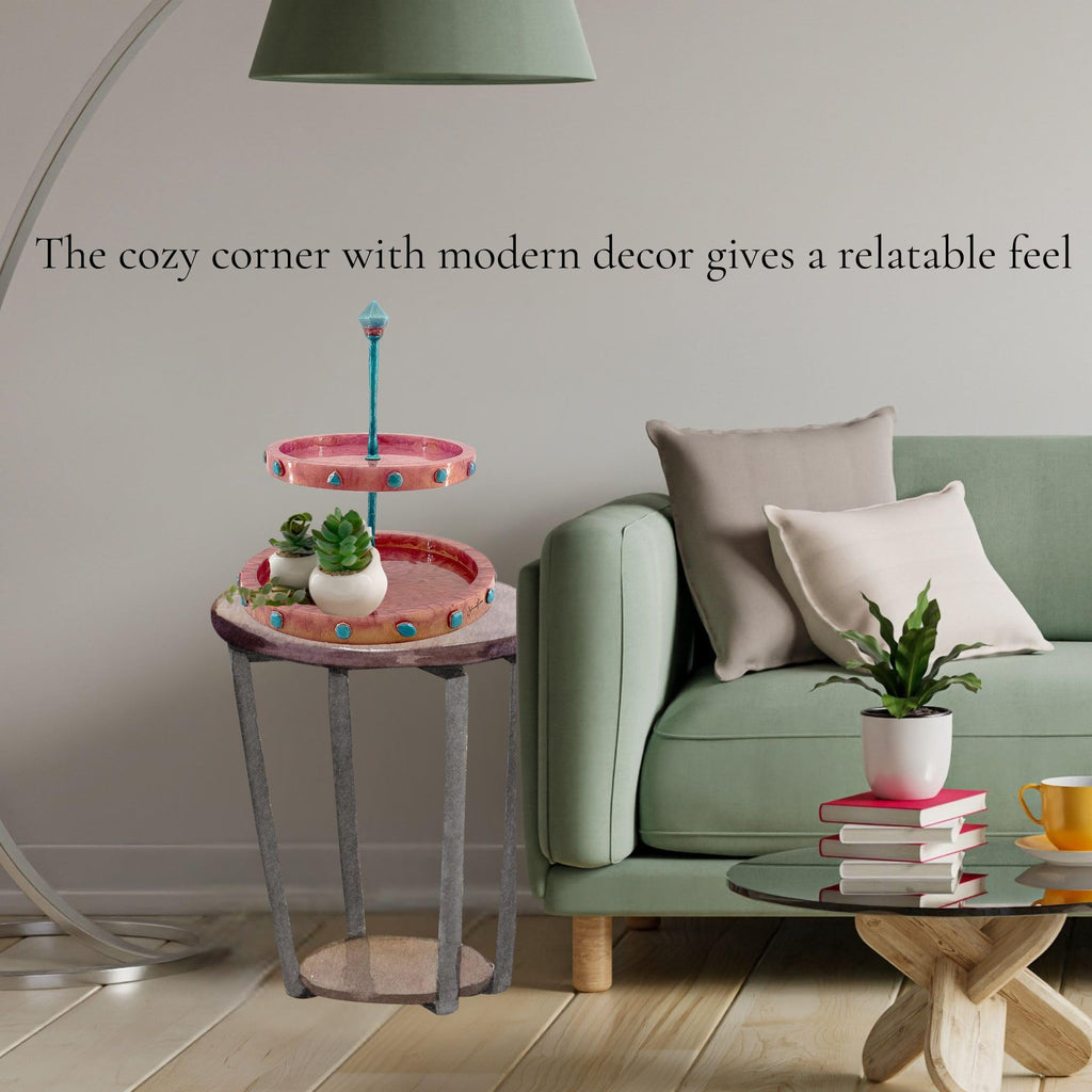Two-Tiered Stand with Stone Accents - Rose Gold with Teal Stone