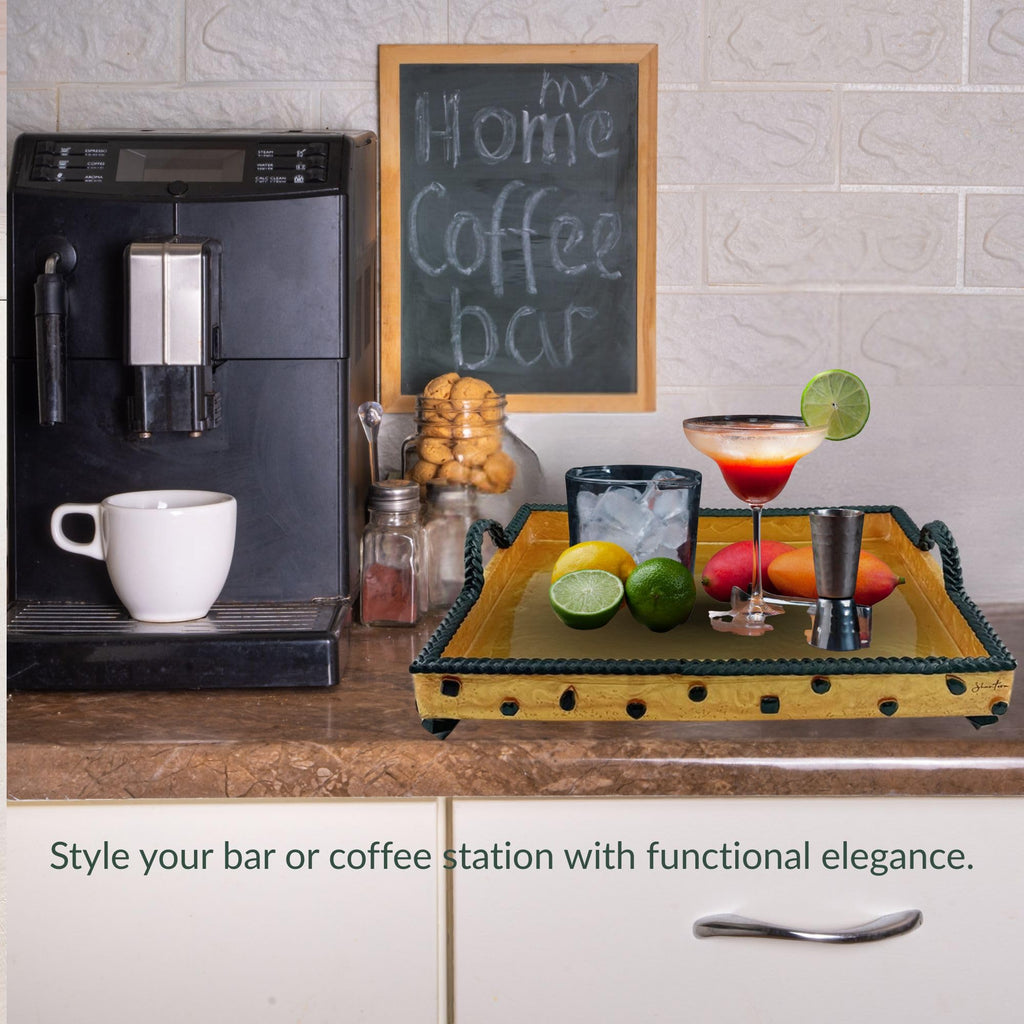 Serving Rectangular Tray with Stone Accents - Green with Gold Stone