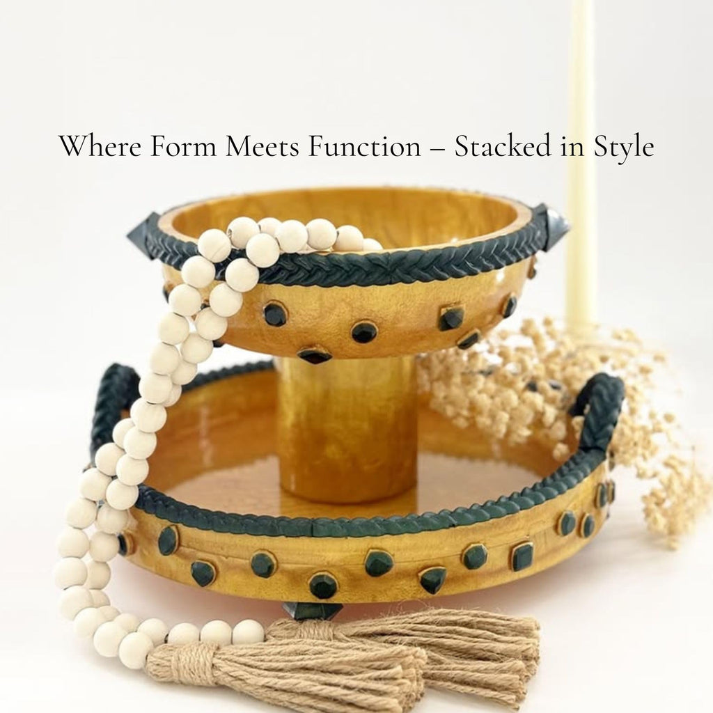 Shantora Round Serving Tray with Stone Accents - Gold with Green Stone