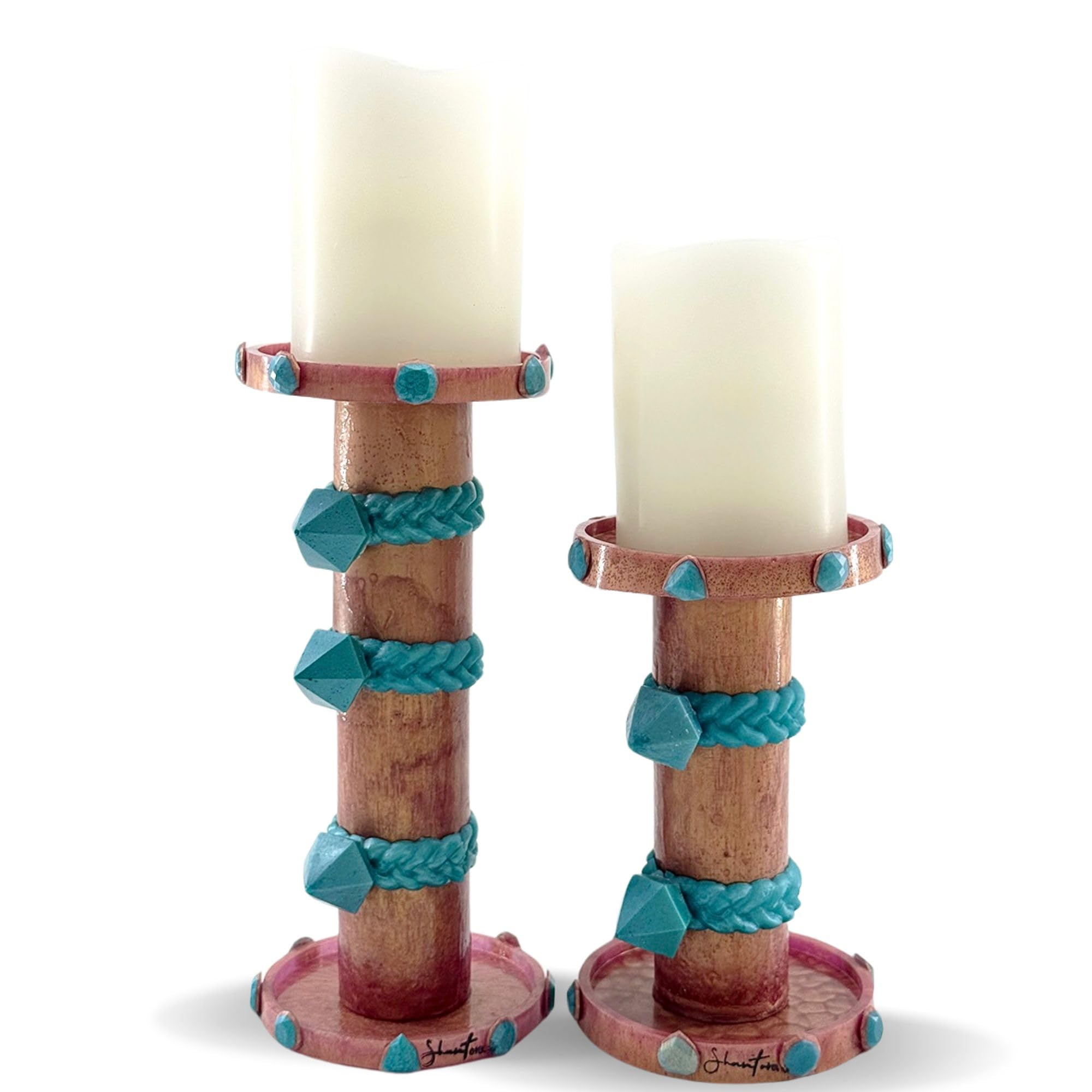 Pillar Candle Holder Set with Stone Accents - Rose Gold with Teal Stone