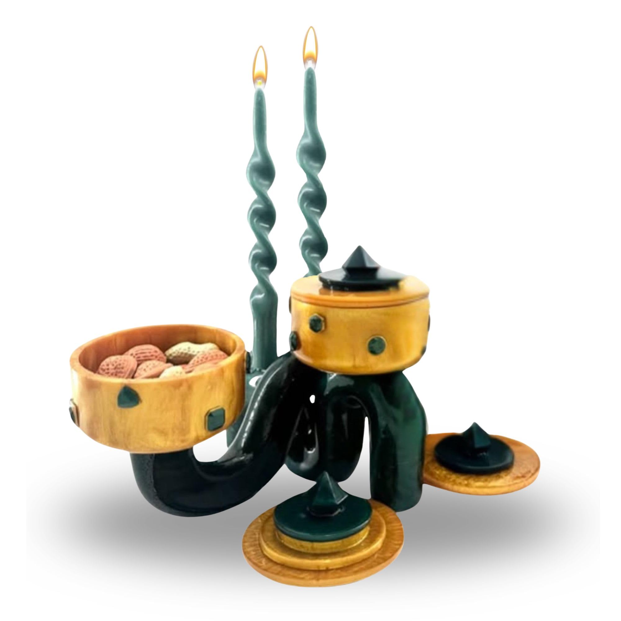 Pedestal Bowl & Candle Holder Combo with Stone Accents - Gold with Green Stone (Set of two)