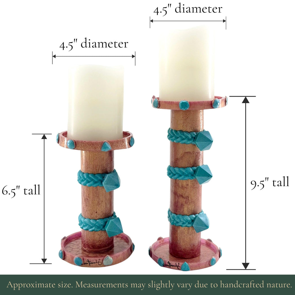 Pillar Candle Holder Set with Stone Accents - Rose Gold with Teal Stone