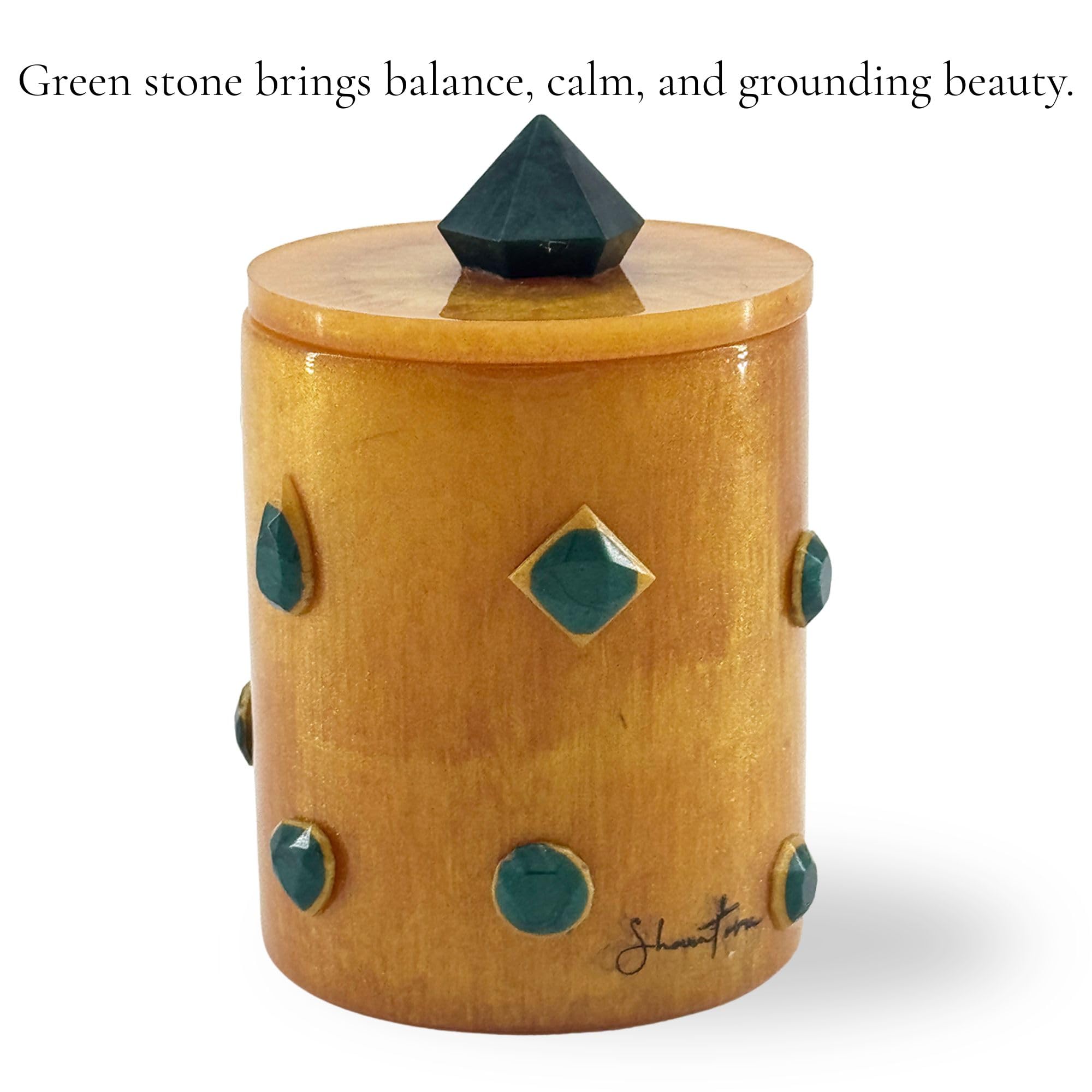 Tall Lidded Candle Jar with Stone Accents - Gold with Green Stone