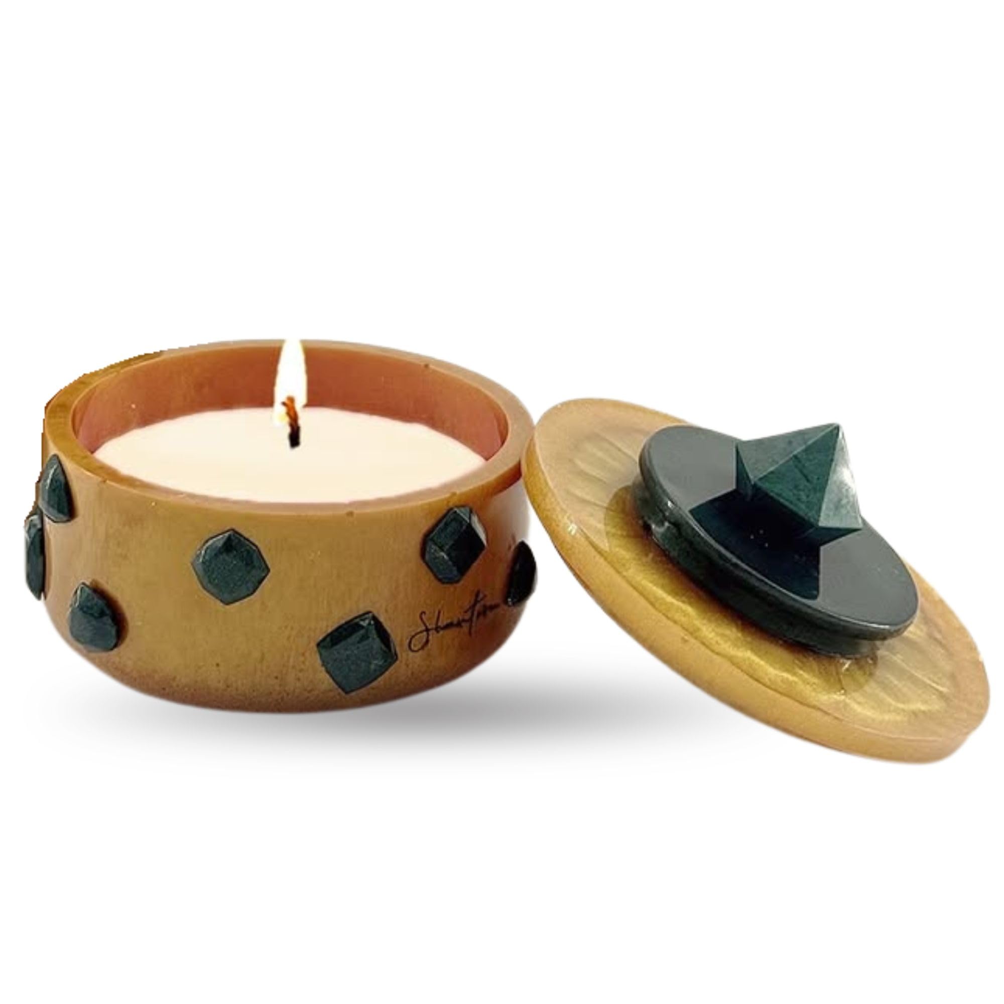 Short Lidded Candle Jar with Stone Accents - Gold with Green Stone