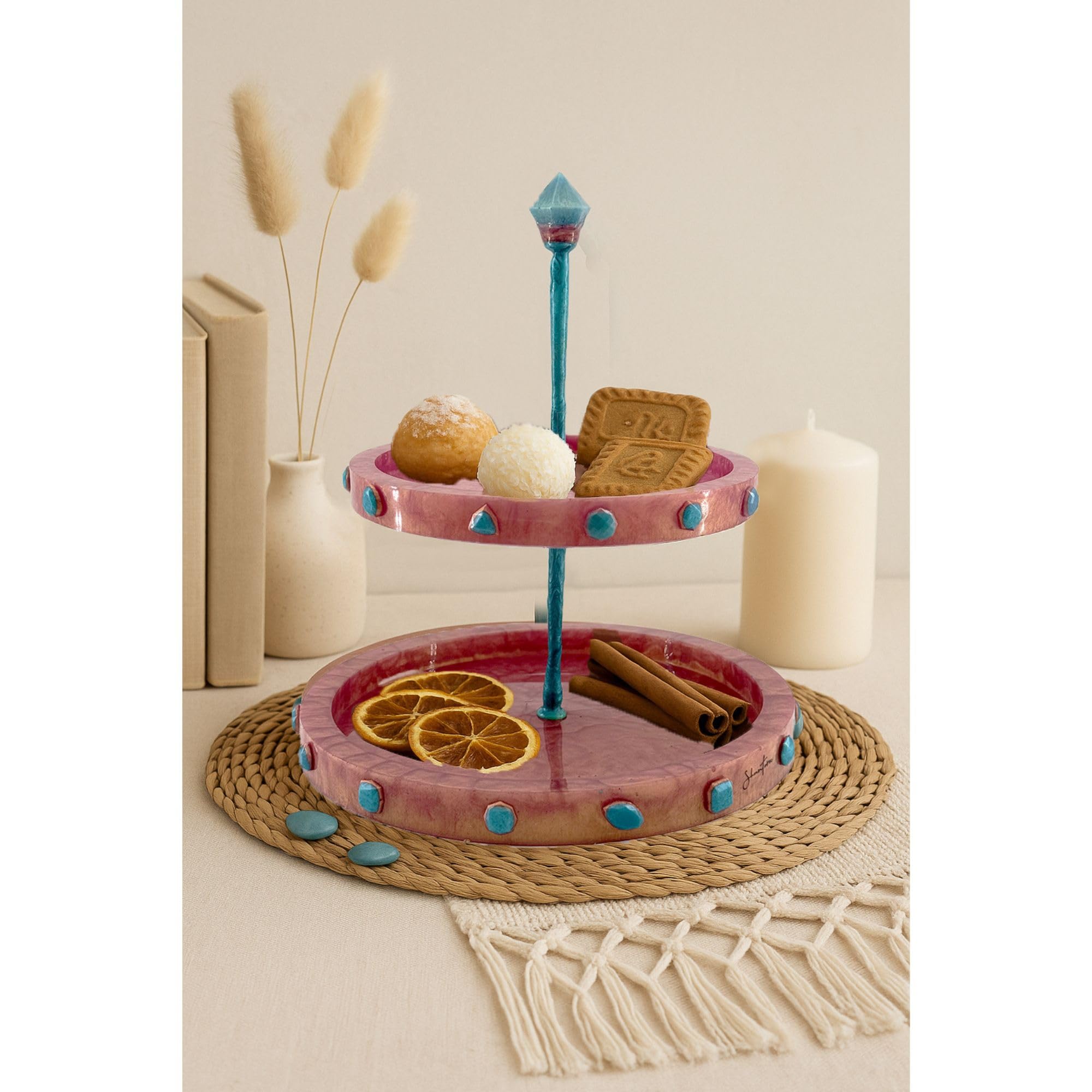 Two-Tiered Stand with Stone Accents - Rose Gold with Teal Stone
