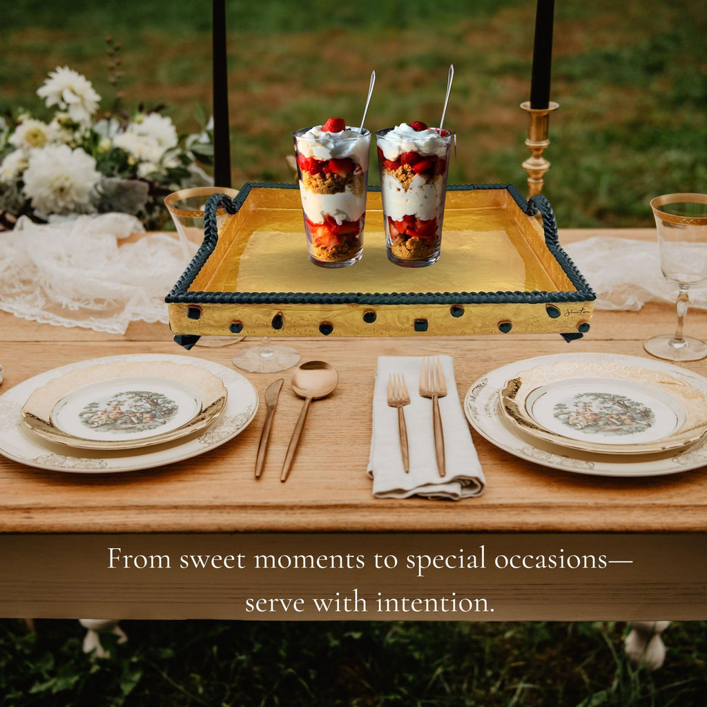 Serving Rectangular Tray with Stone Accents - Green with Gold Stone