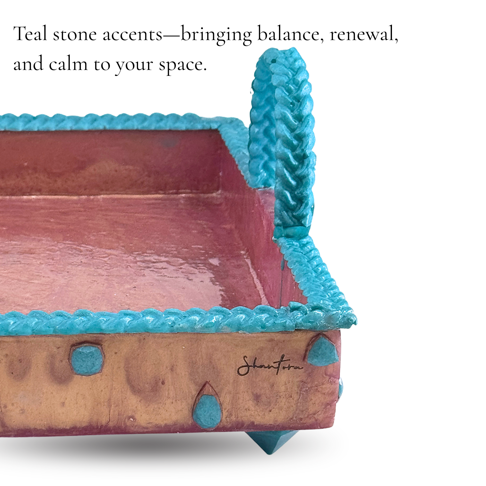 Serving Rectangular Tray with Stone Accents - Teal with Rose Gold Stone