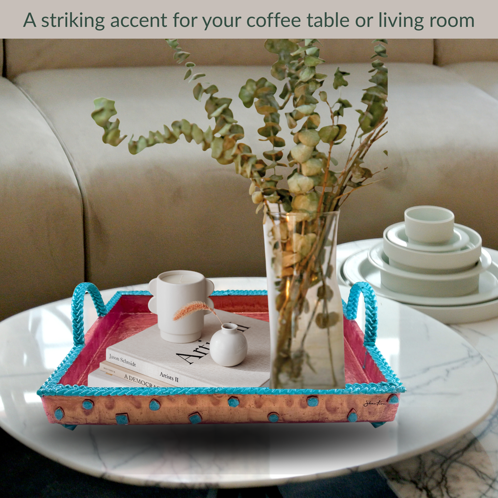 Serving Rectangular Tray with Stone Accents - Teal with Rose Gold Stone