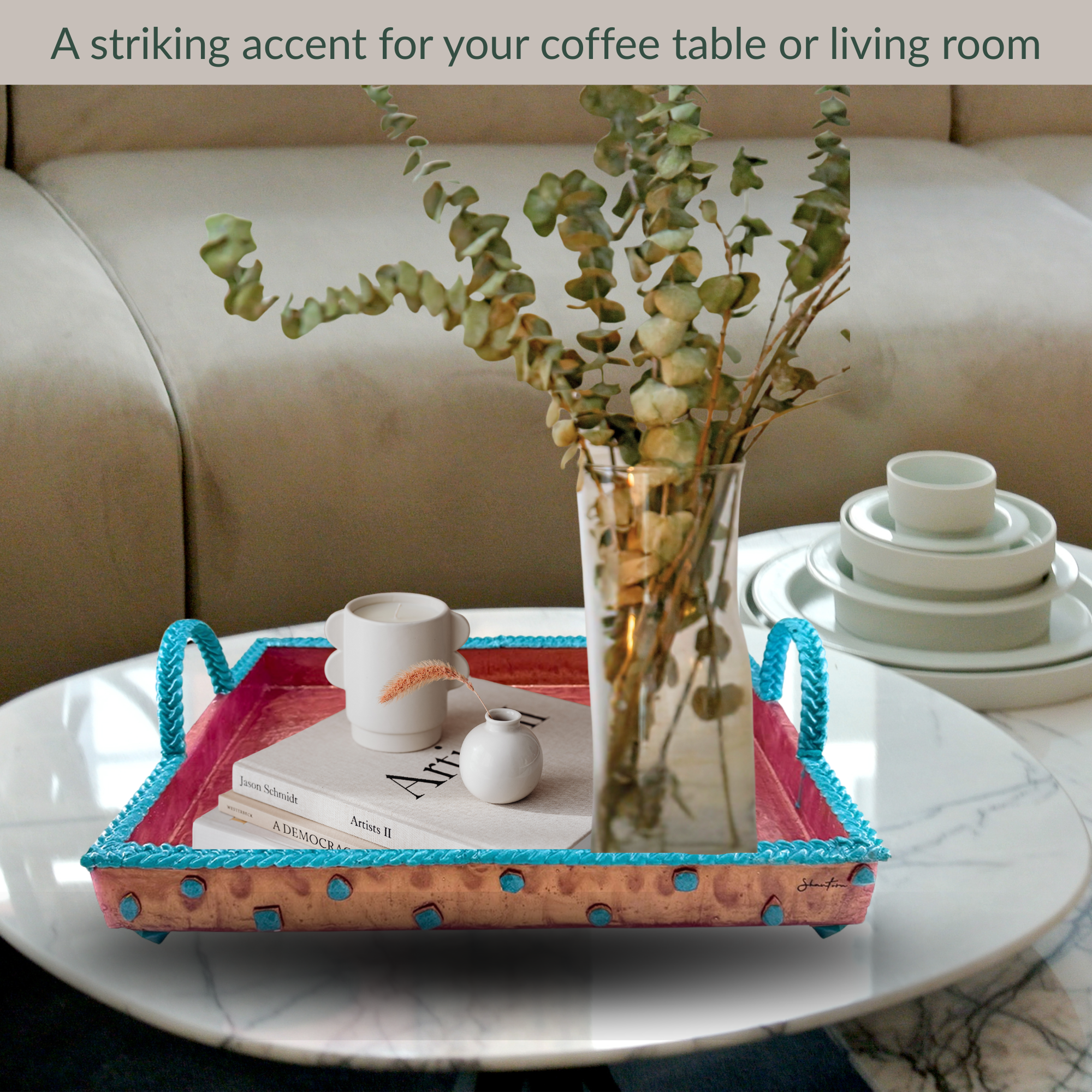 Serving Rectangular Tray with Stone Accents - Teal with Rose Gold Stone