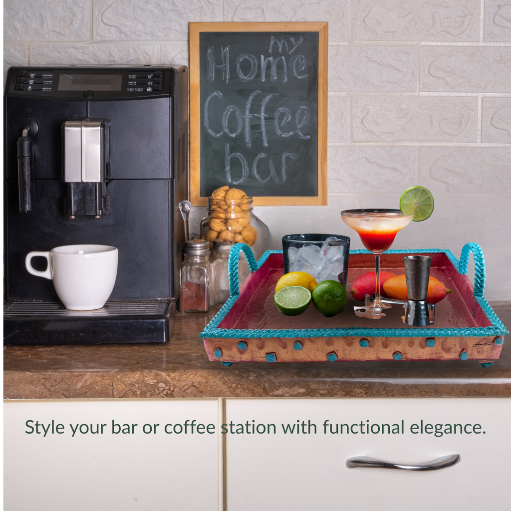 Serving Rectangular Tray with Stone Accents - Teal with Rose Gold Stone
