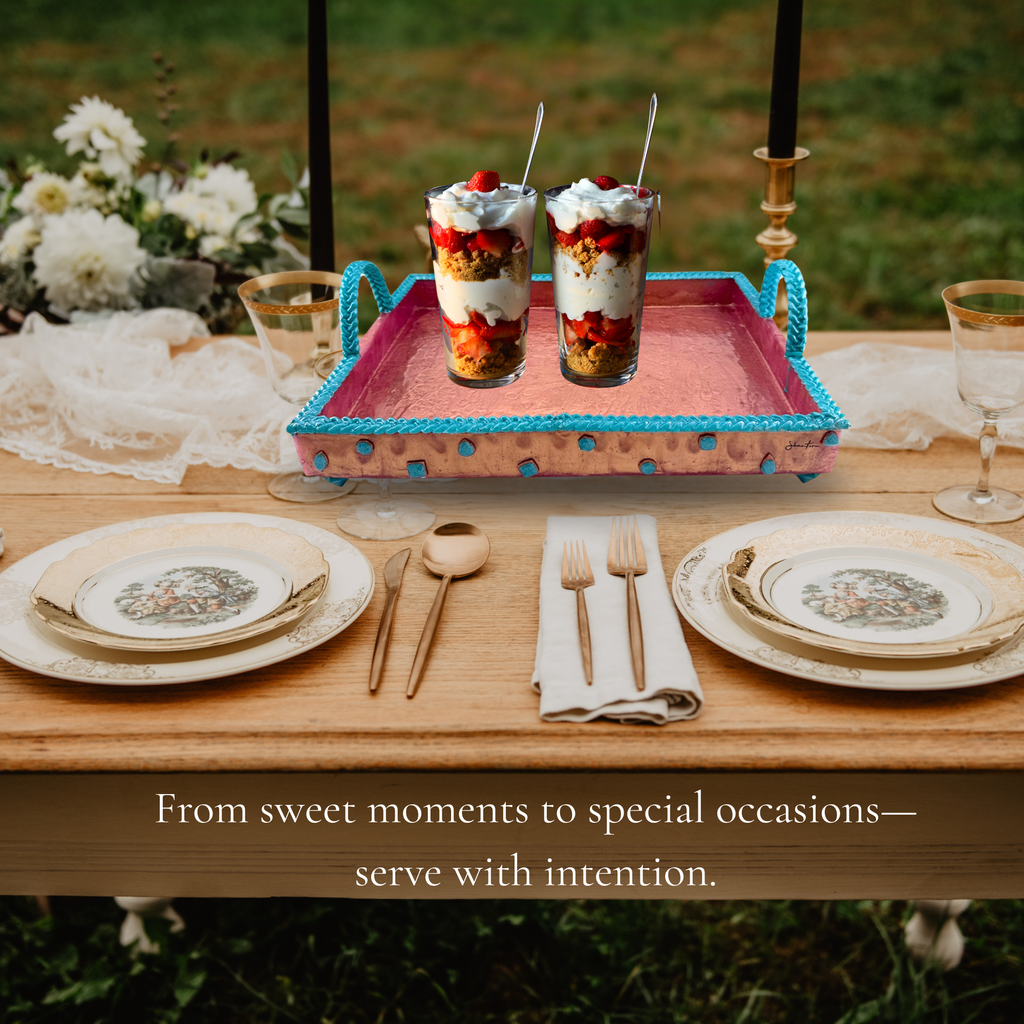 Serving Rectangular Tray with Stone Accents - Teal with Rose Gold Stone