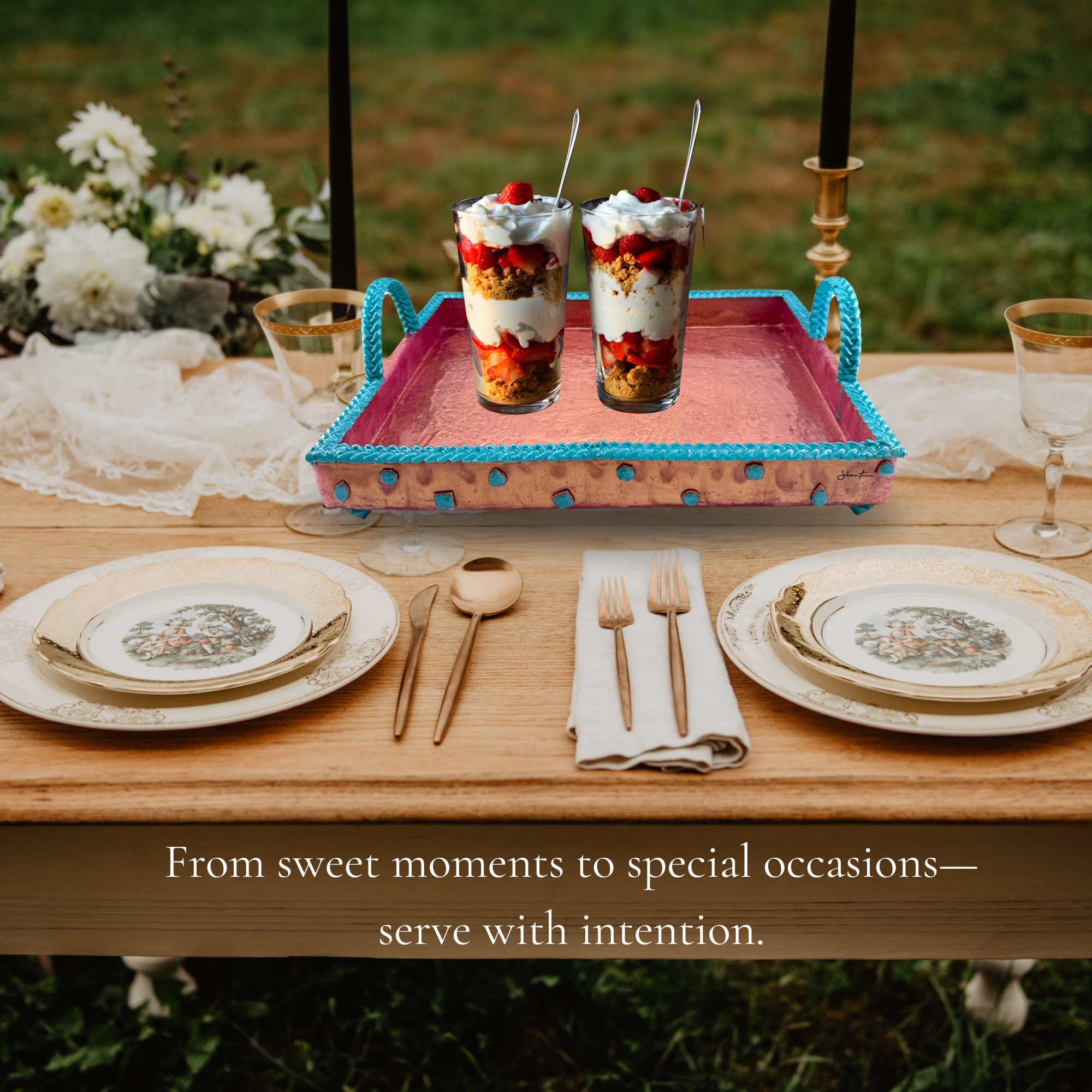 Serving Rectangular Tray with Stone Accents - Teal with Rose Gold Stone