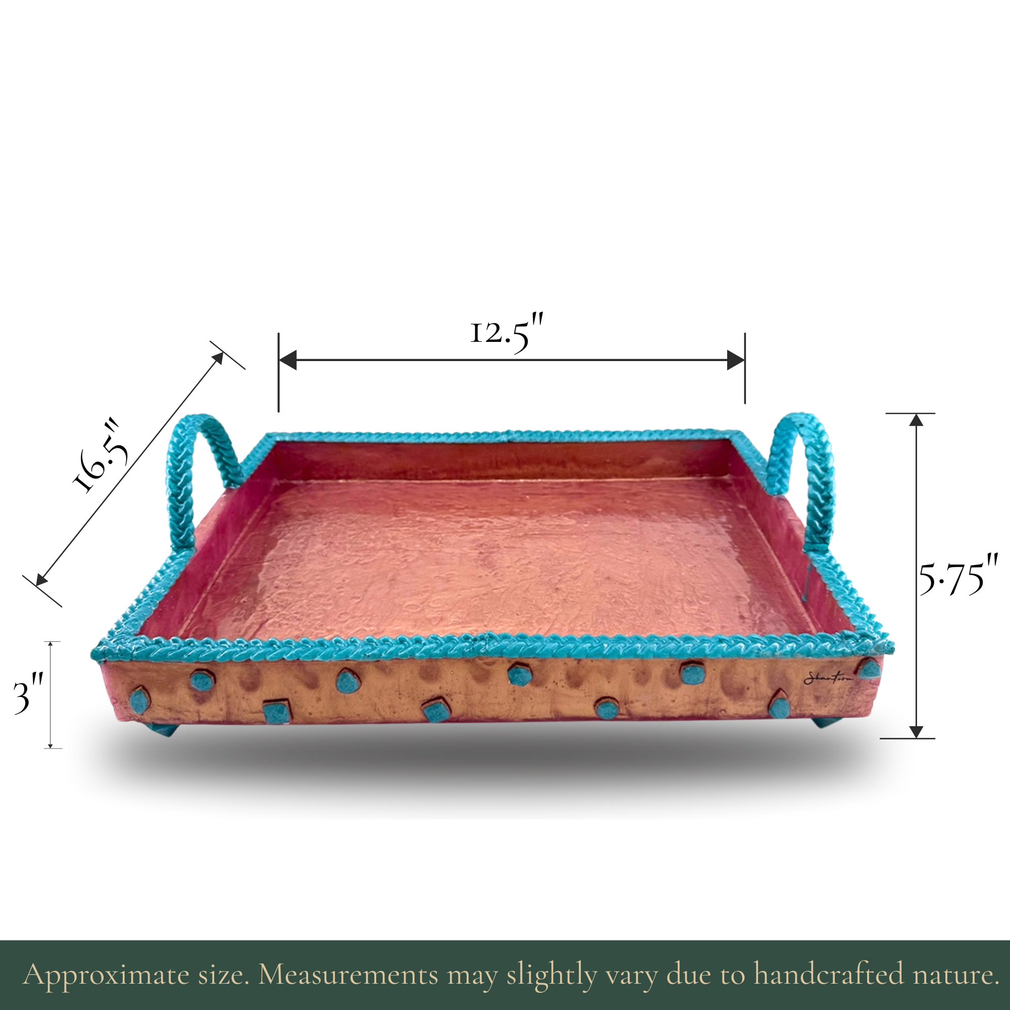 Serving Rectangular Tray with Stone Accents - Teal with Rose Gold Stone
