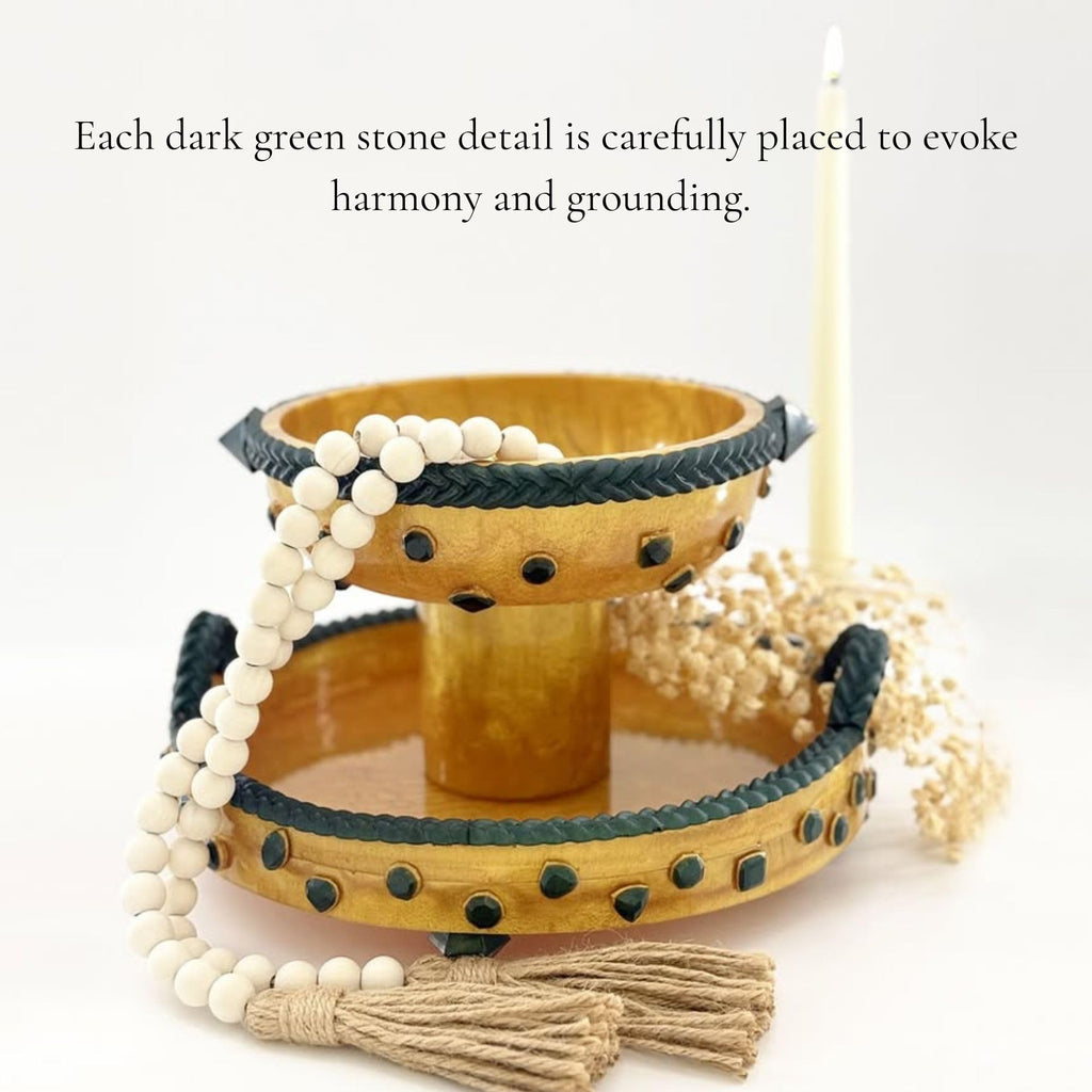 Pedestal Serving Bowl with Stone Accents - Gold with Green Stone