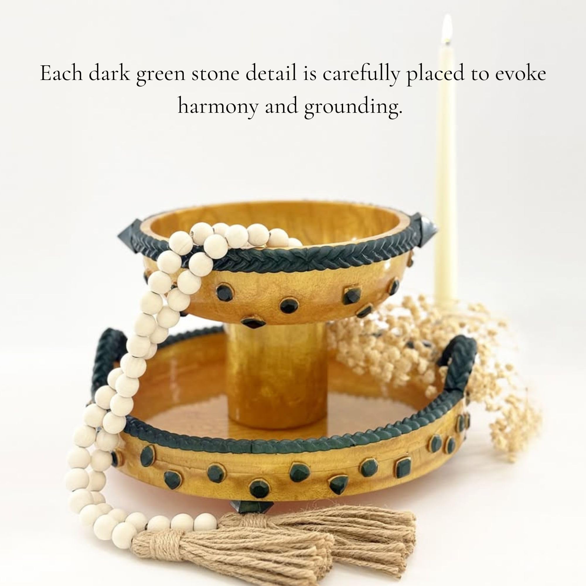 Pedestal Serving Bowl with Stone Accents - Gold with Green Stone
