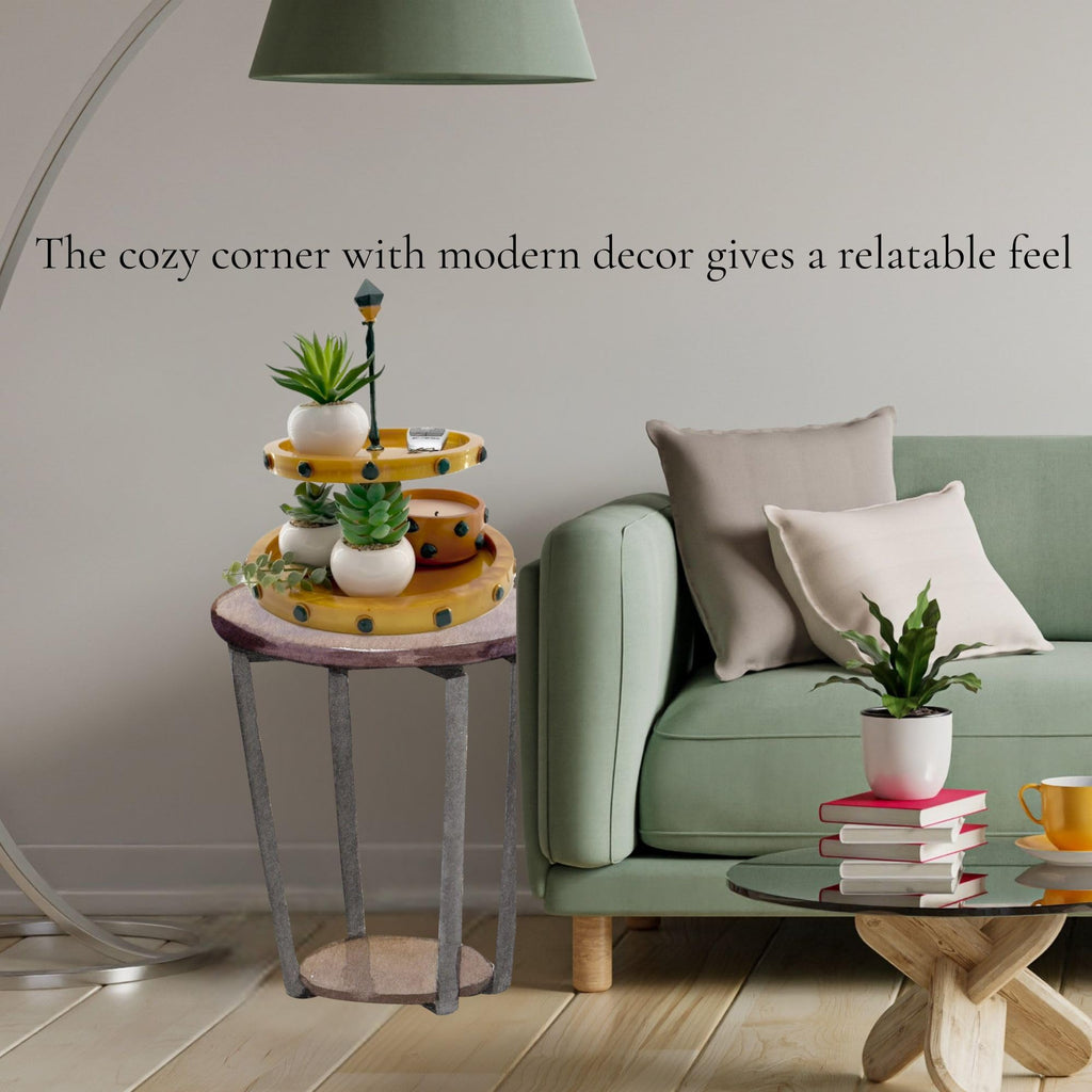 Two-Tiered Stand with Stone Accents - Gold with Green Stone