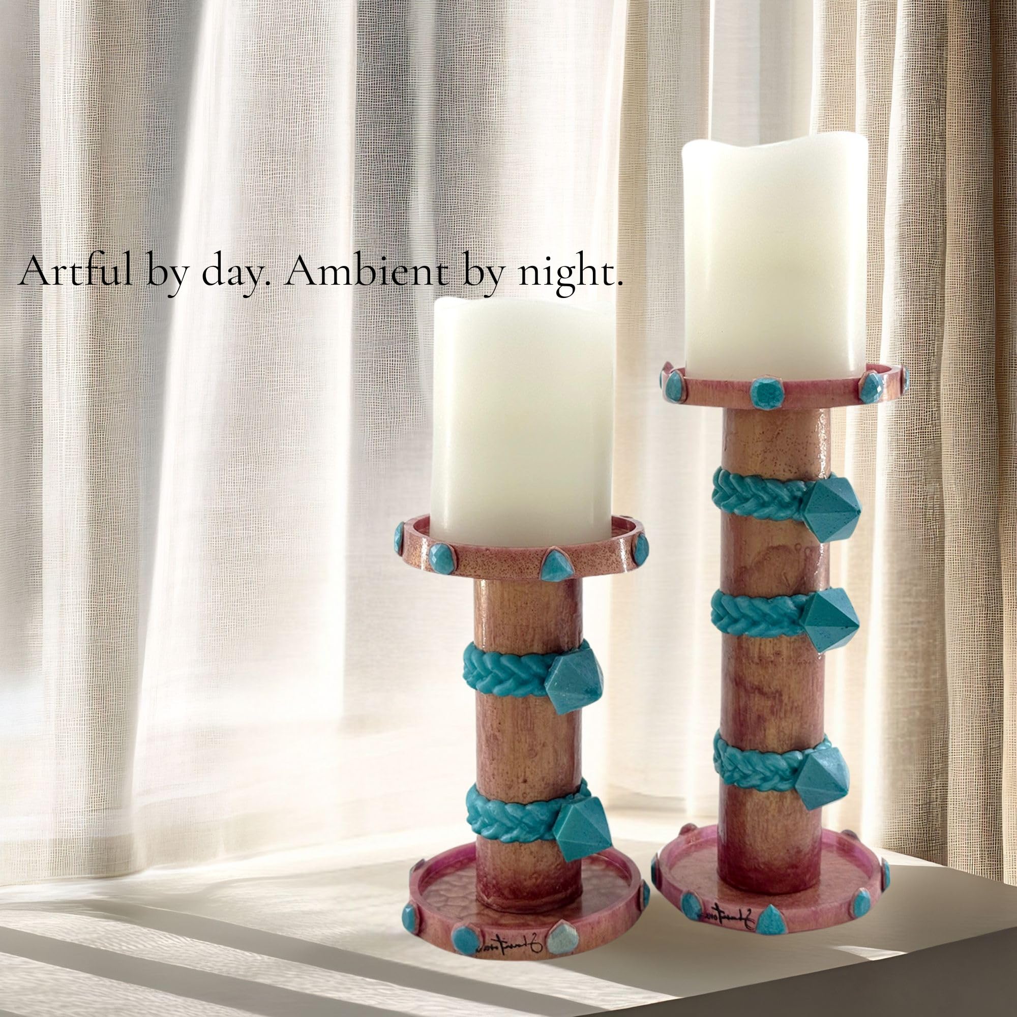 Pillar Candle Holder Set with Stone Accents - Rose Gold with Teal Stone