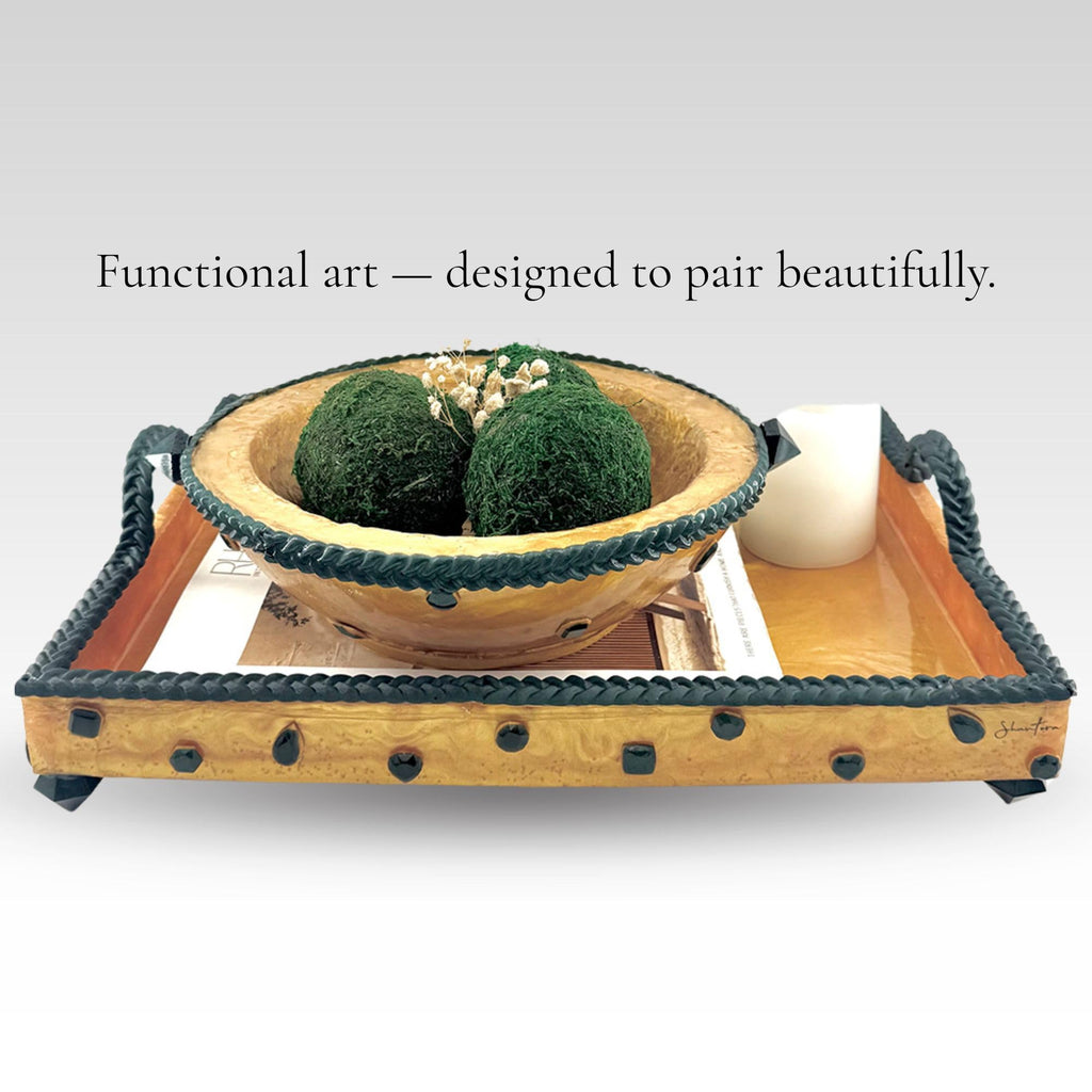 Serving Bowl with Stone Accents - Gold with Green Stone