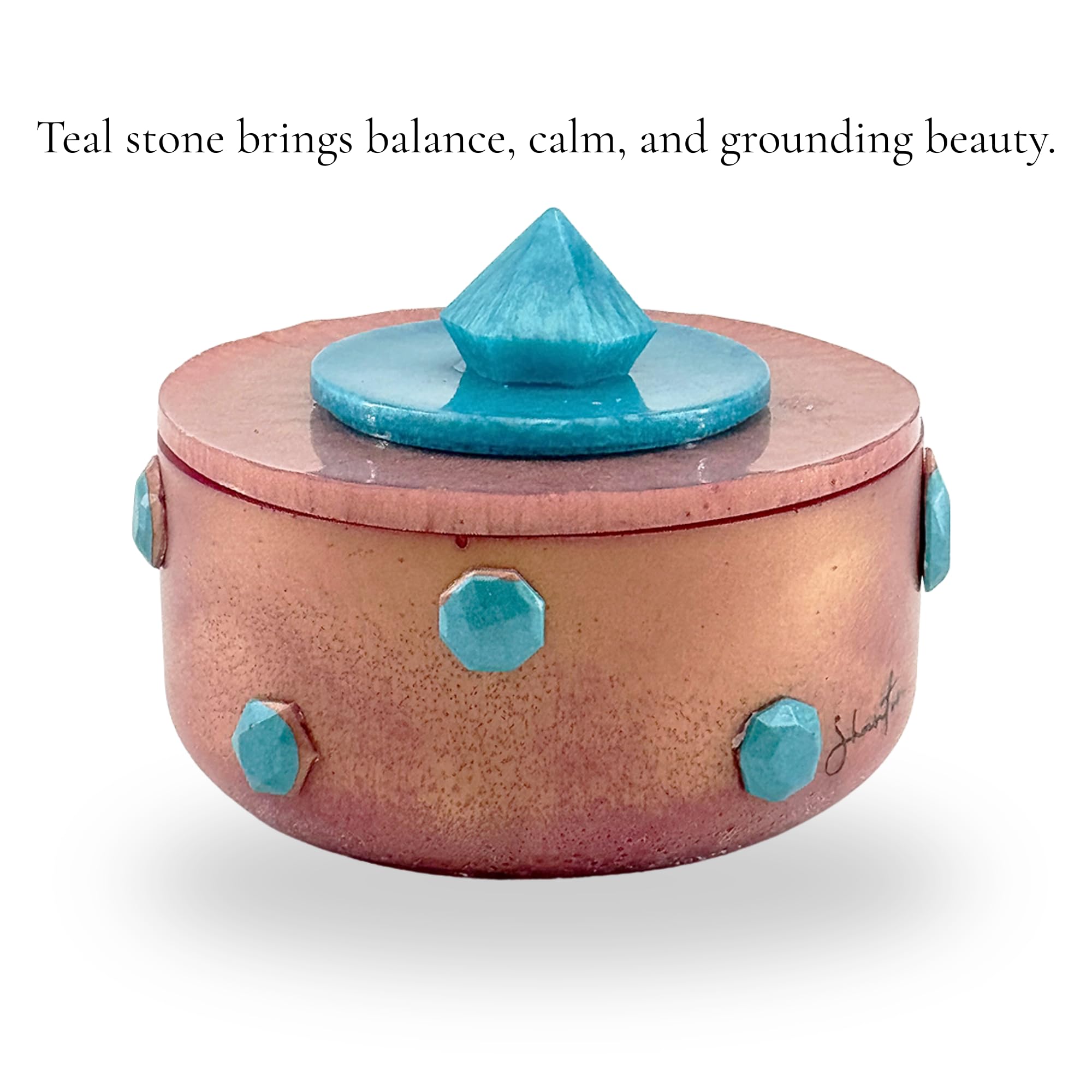 Short Lidded Candle Jar with Stone Accents - Rose Gold with Teal Stone
