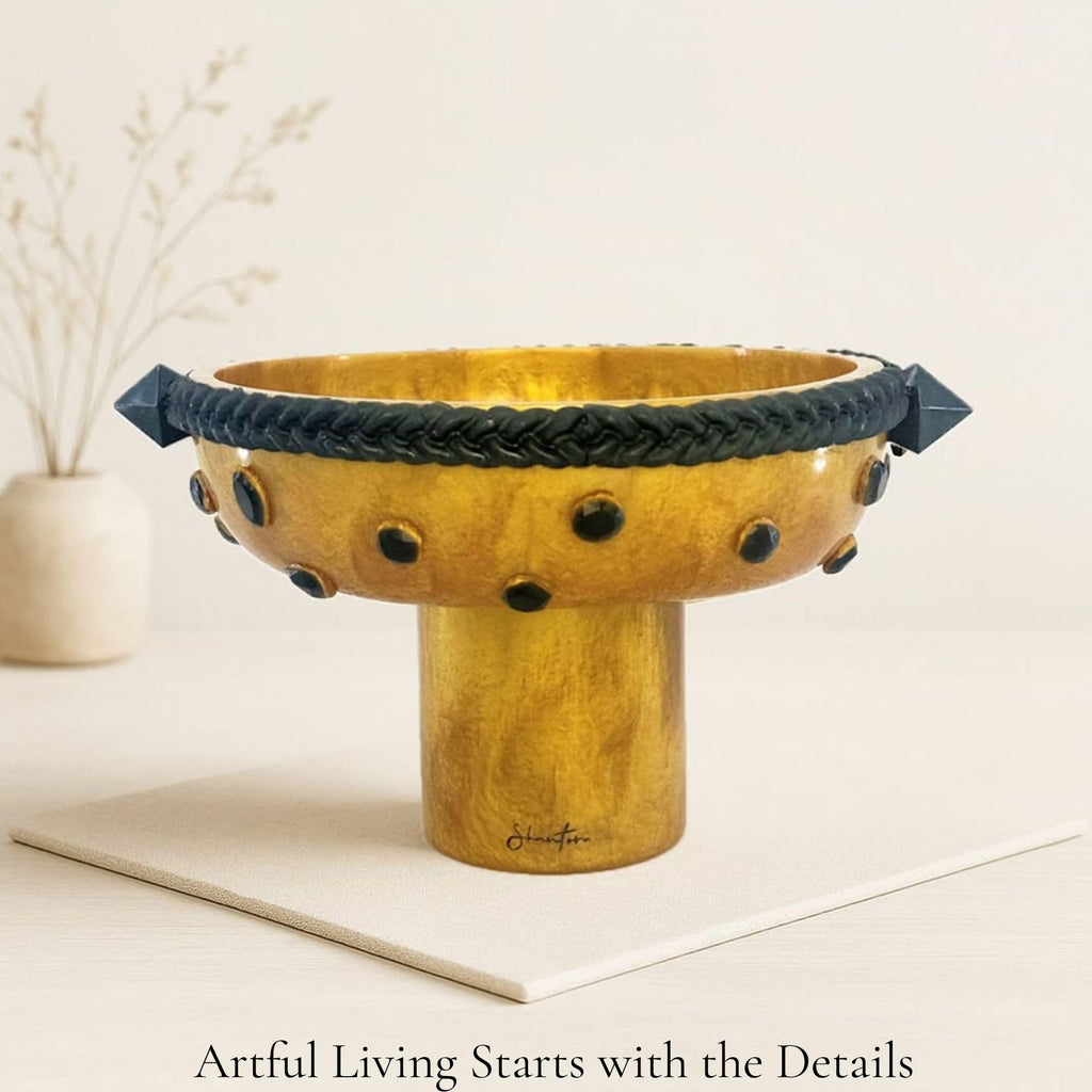 Pedestal Serving Bowl with Stone Accents - Gold with Green Stone