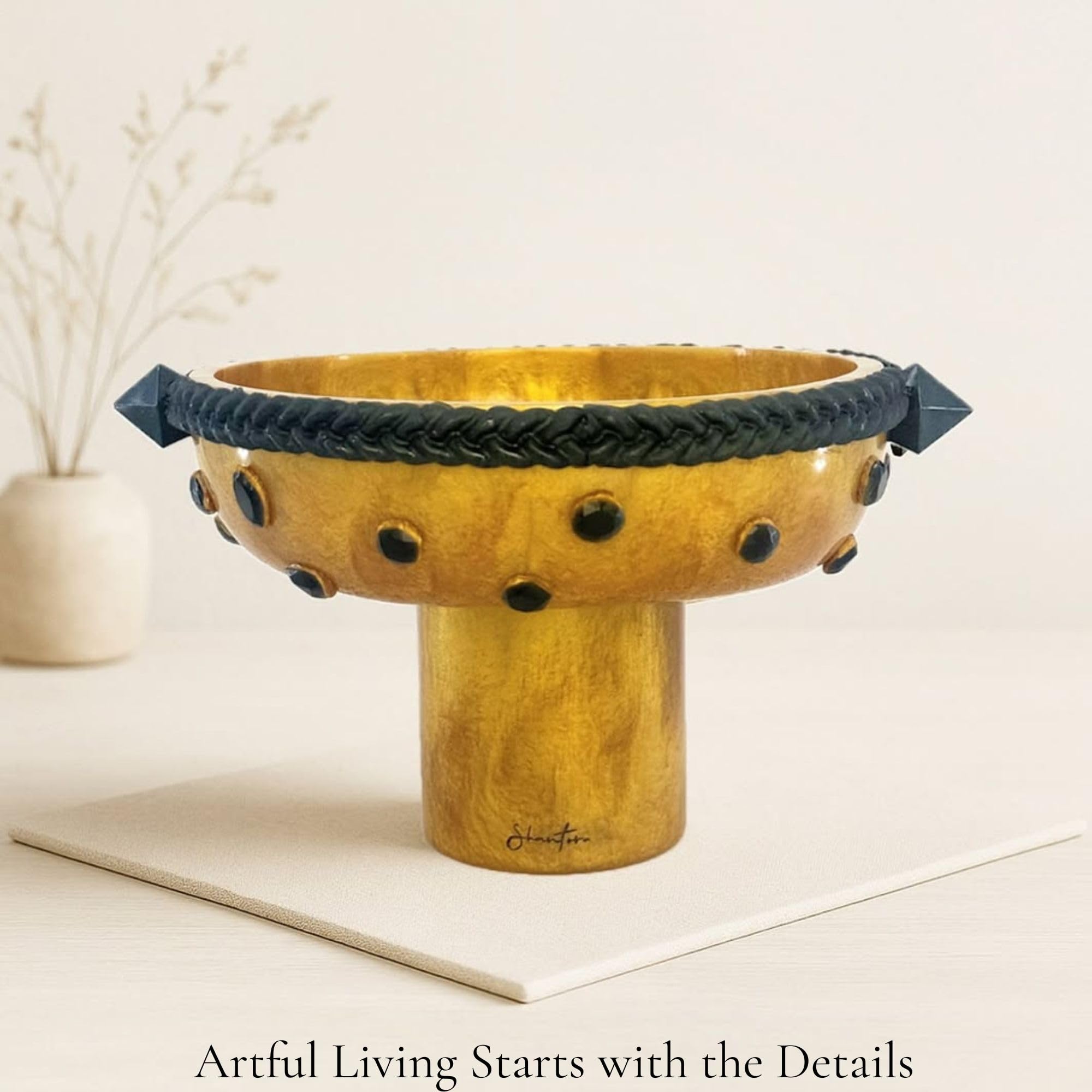 Pedestal Serving Bowl with Stone Accents - Gold with Green Stone