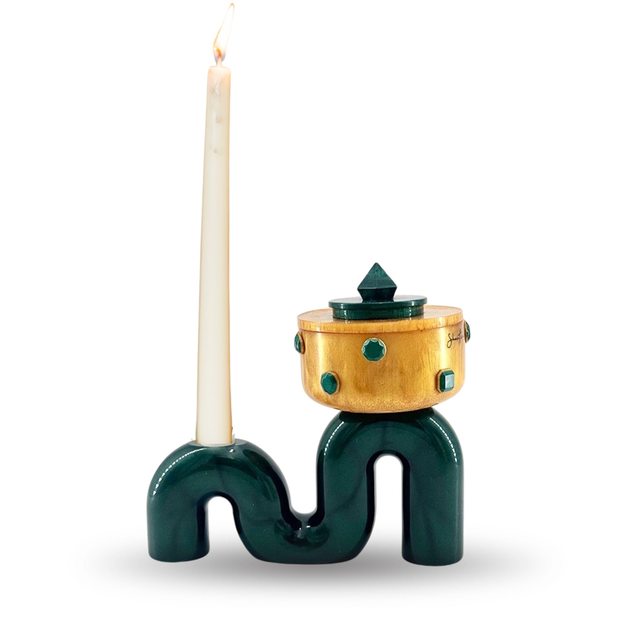 Pedestal Bowl & Candle Holder Combo with Stone Accents - Gold with Green Stone
