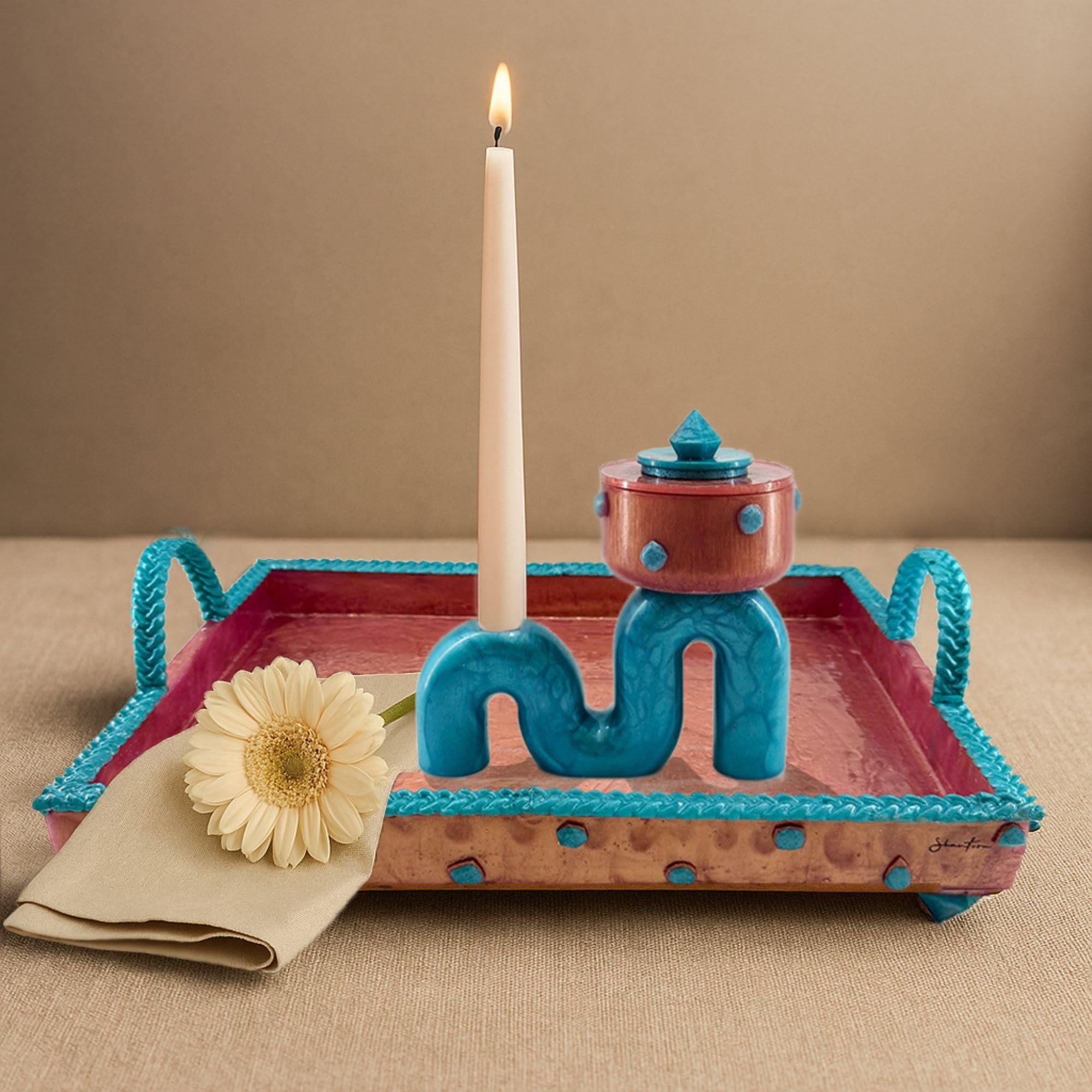 Pedestal Bowl & Candle Holder Combo with Stone Accents - Rose Gold with Teal Stone