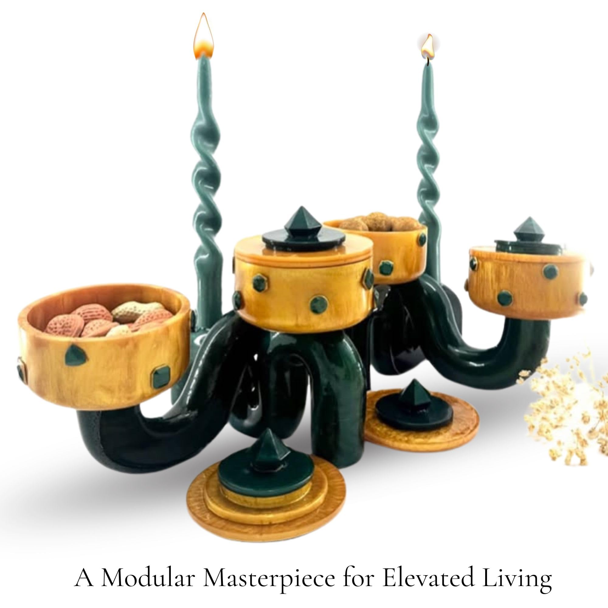 Pedestal Bowl & Candle Holder Combo with Stone Accents - Gold with Green Stone